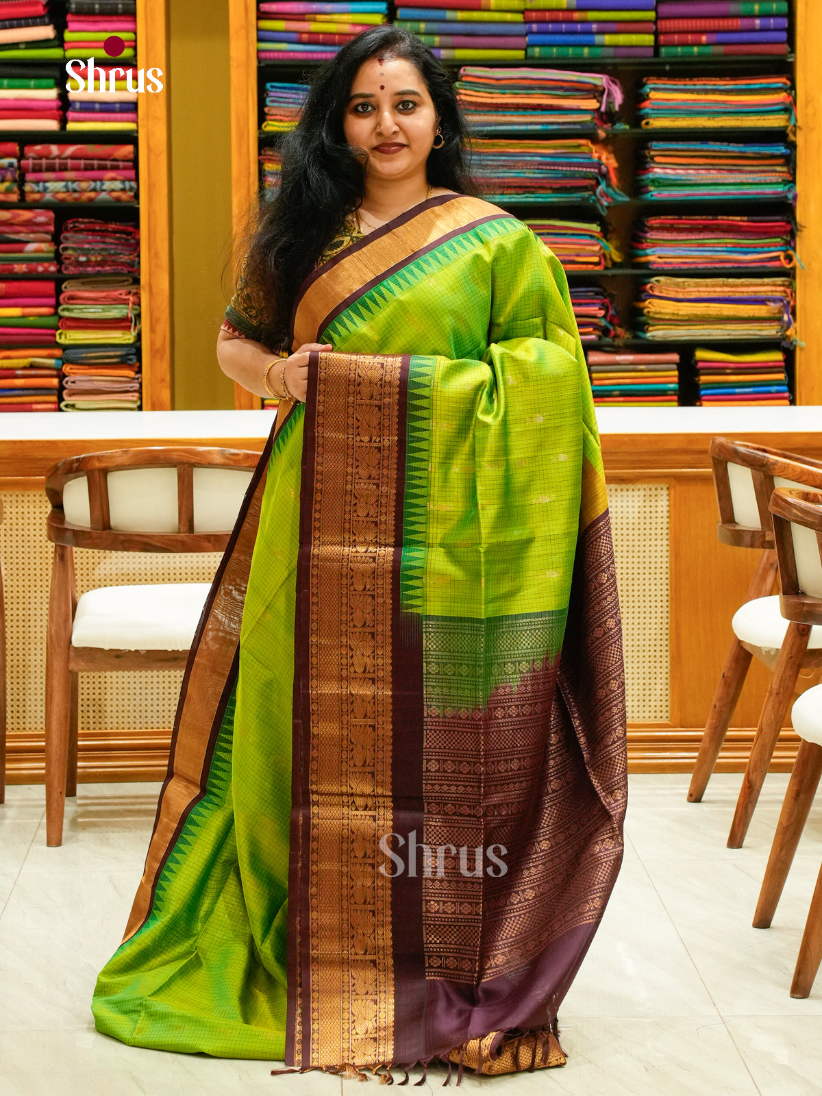 Parrot Green Soft Silk Saree with Peacock Buttas | Wine Contrast Border - Shop on Shrus.com
