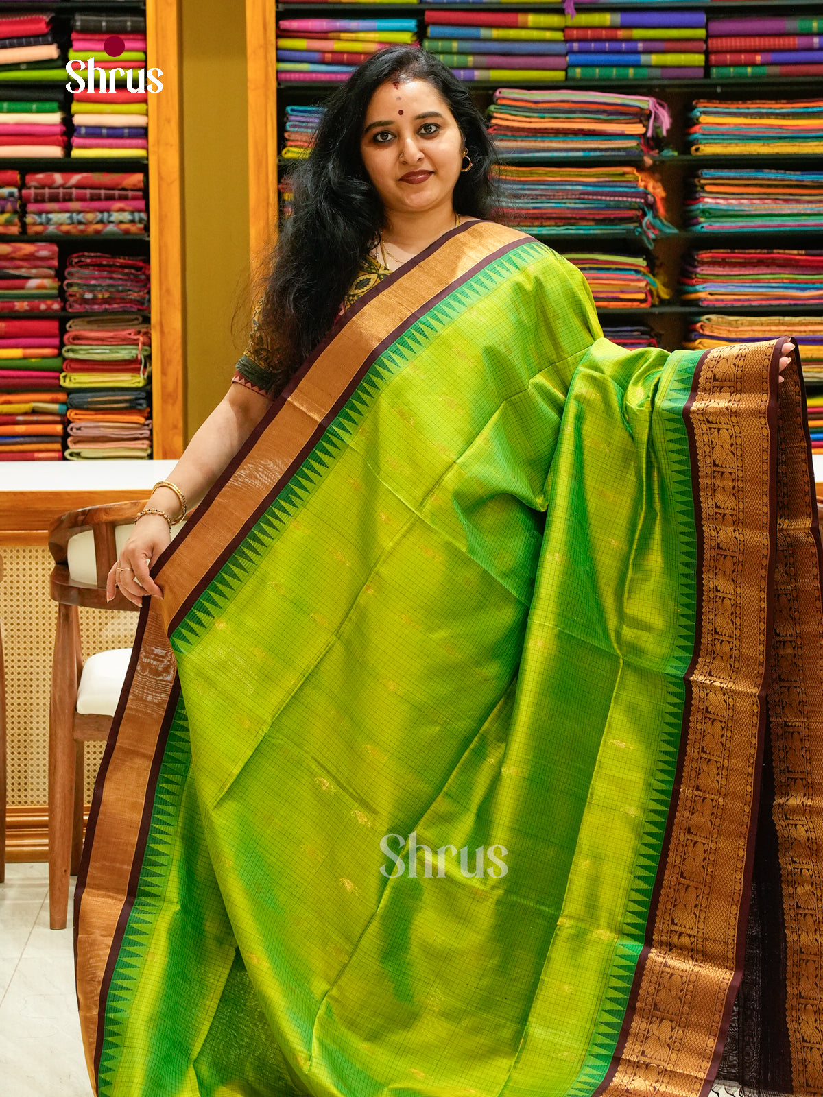 Parrot Green Soft Silk Saree with Peacock Buttas | Wine Contrast Border - Shop on Shrus.com