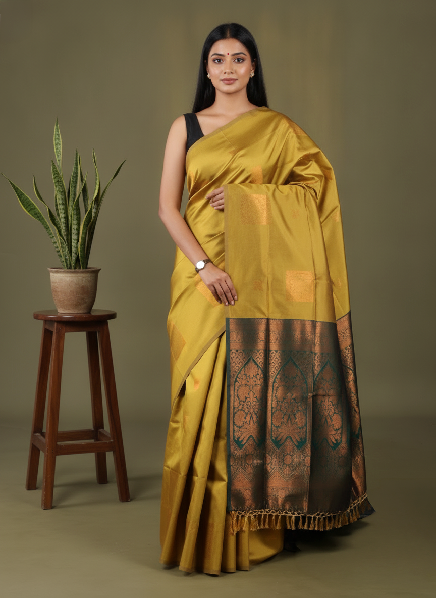 mustardy Green & Green - Semi Softsilk Saree