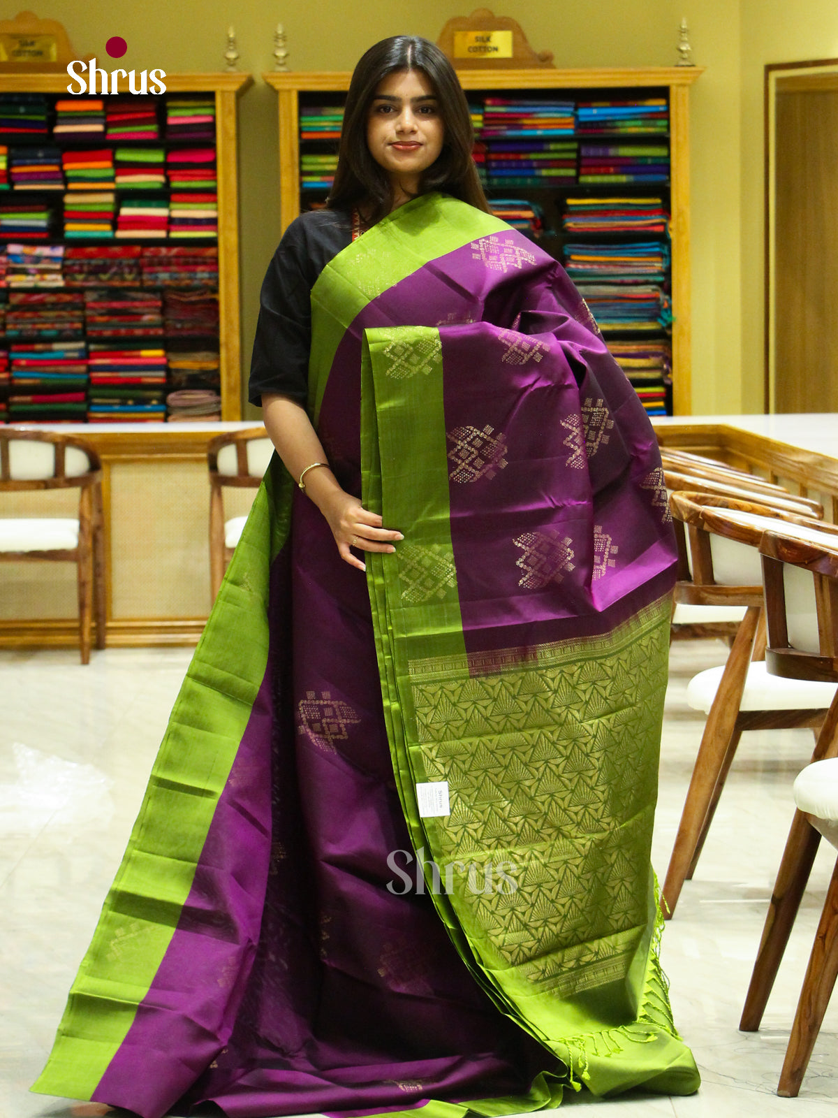 Violet Halfpure Soft Silk Saree with Diamond Buttas | Light Green Contrast Border - Shop on Shrus.com