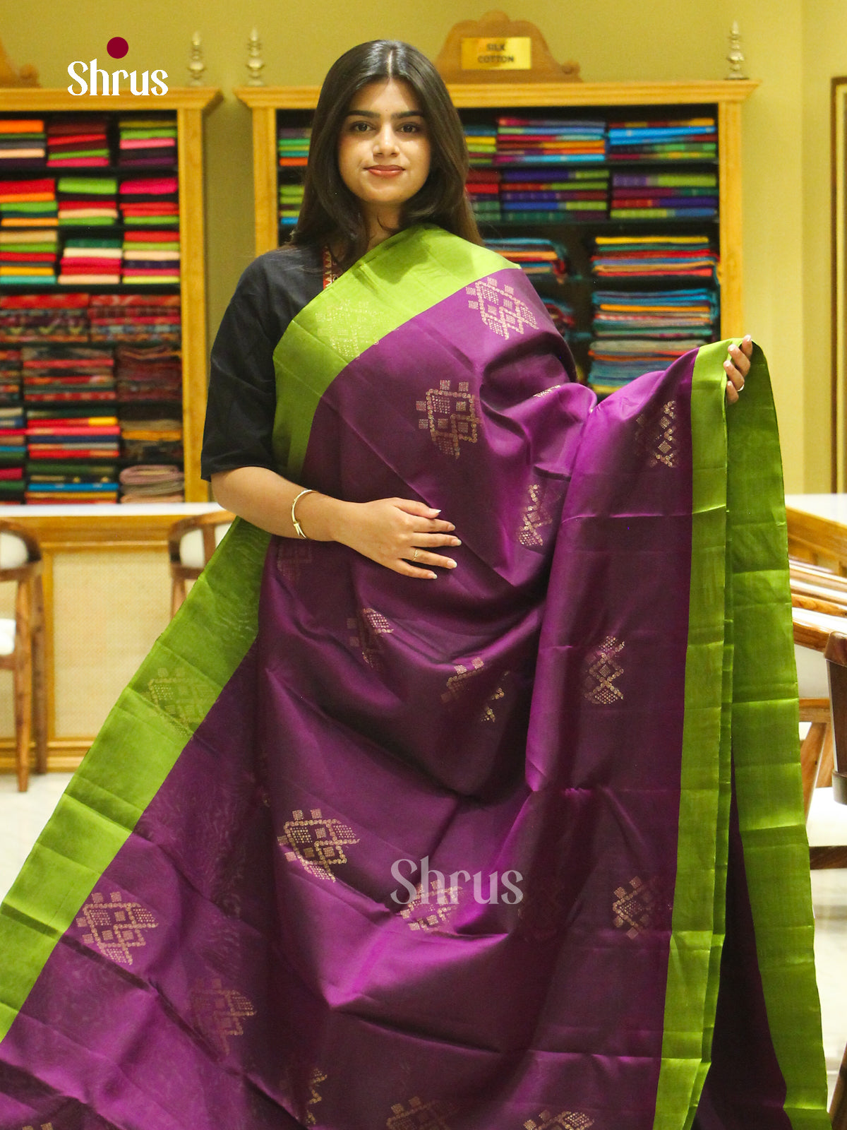 Violet Halfpure Soft Silk Saree with Diamond Buttas | Light Green Contrast Border - Shop on Shrus.com