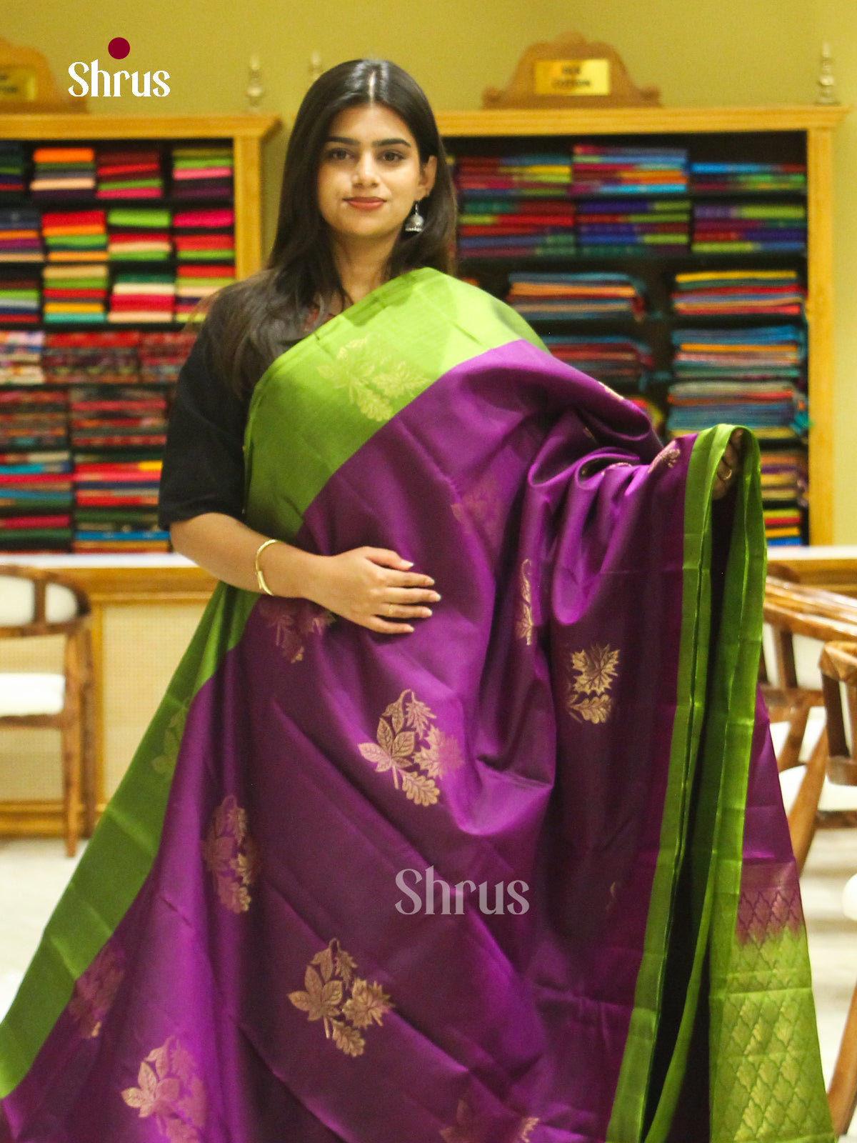 Violet Halfpure Soft Silk Saree with Leaf Buttas | Light Green Contrast Border - Shop on Shrus.com