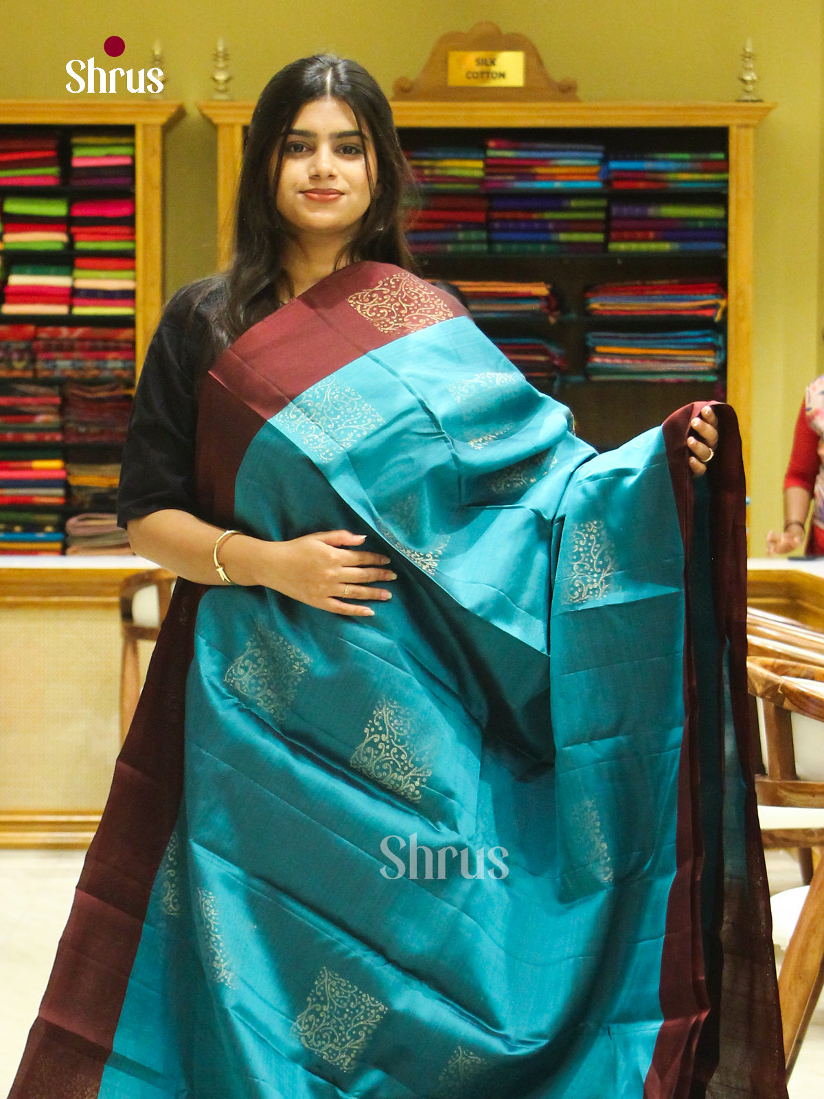 Teal Blue Halfpure Soft Silk Saree with Square Buttas | Dark Brown Contrast Border
