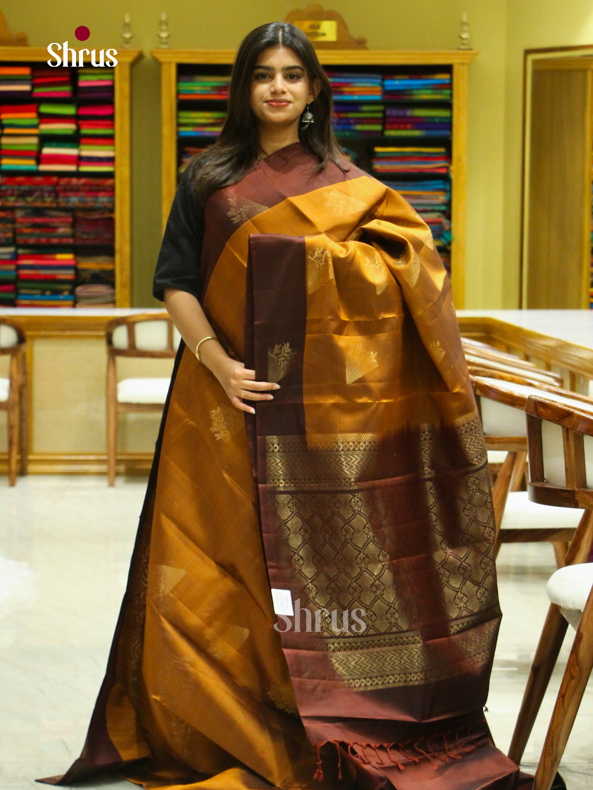 Rust Orange Soft Silk Saree with Triangle Buttas | Maroon Contrast Border - Shop on Shrus.com