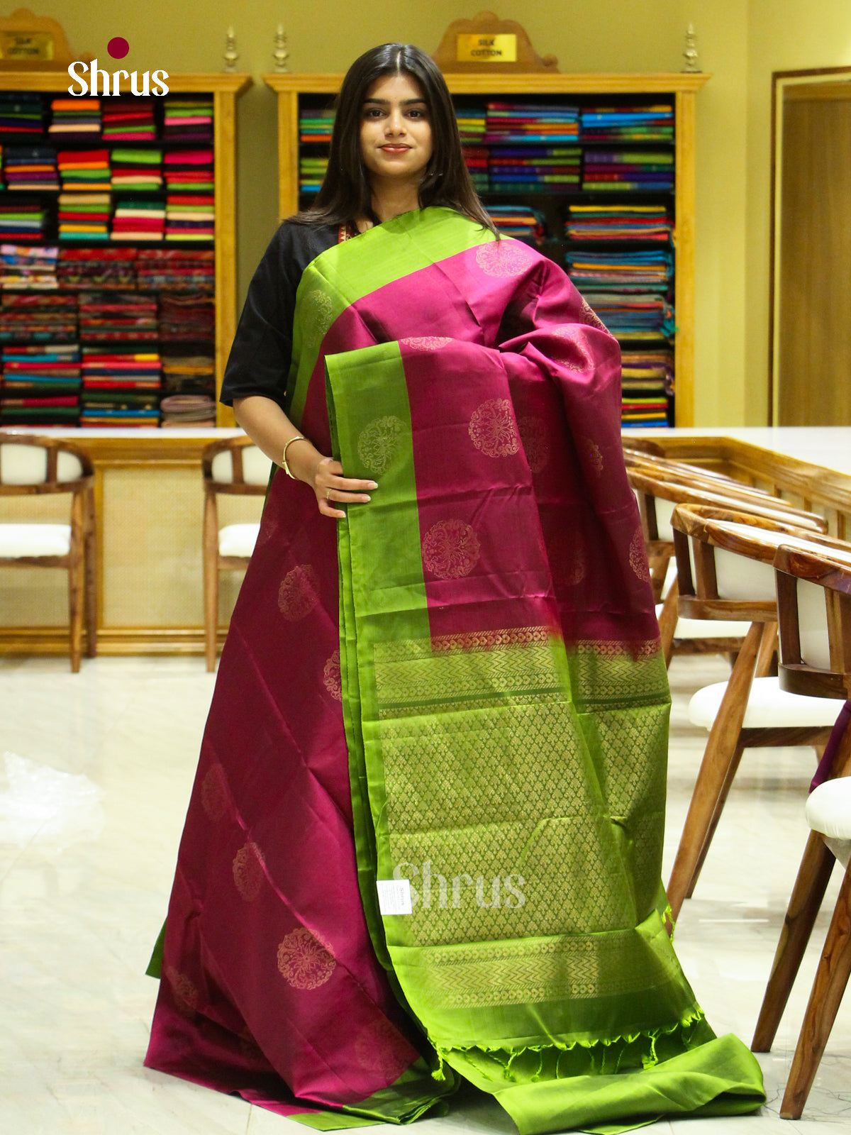 Magenta Halfpure Soft Silk Saree with Floral Buttas | Light Green Contrast Border