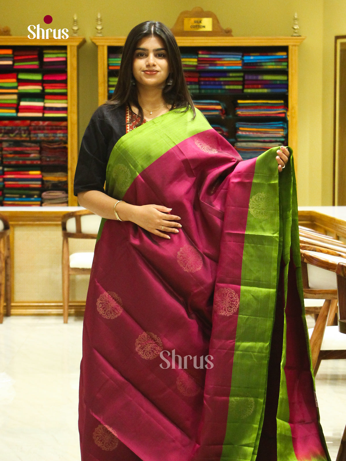 Magenta Halfpure Soft Silk Saree with Floral Buttas | Light Green Contrast Border