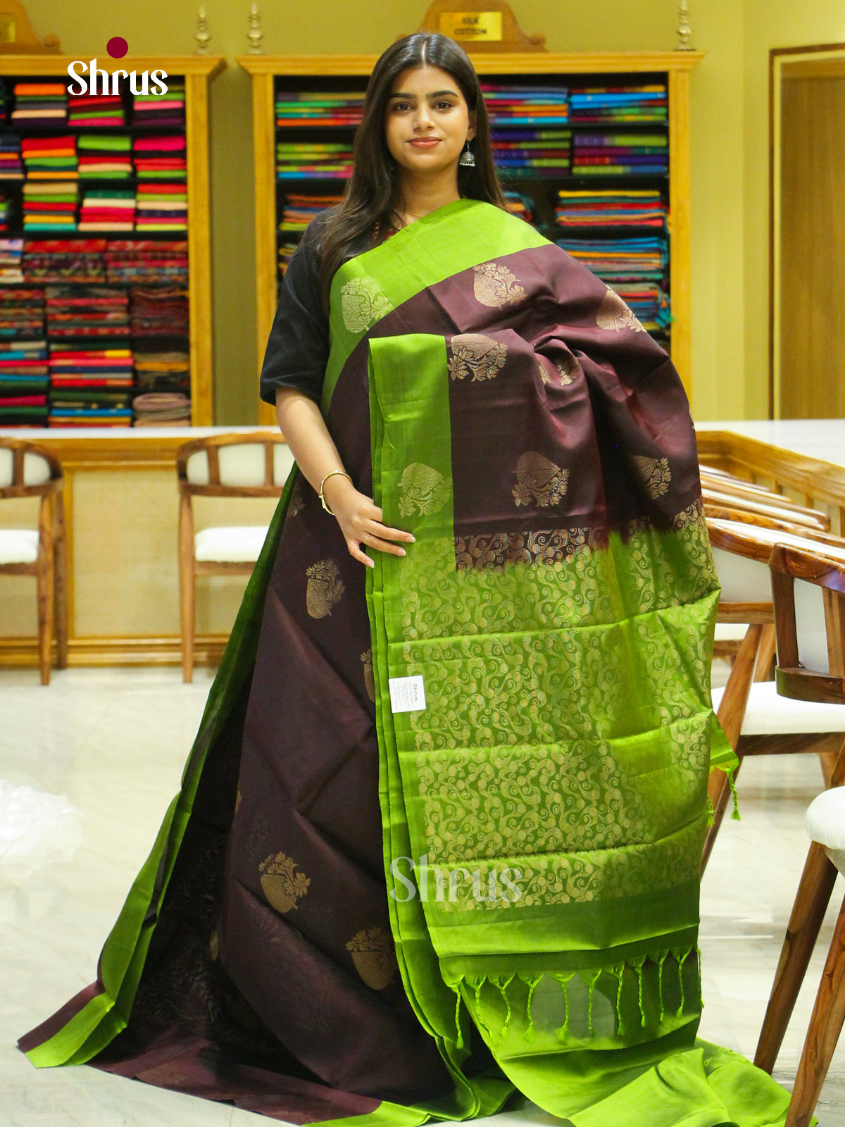 Dark Brown Halfpure Soft Silk Saree with Floral Buttas | Light Green Contrast Border - Shop on Shrus.com