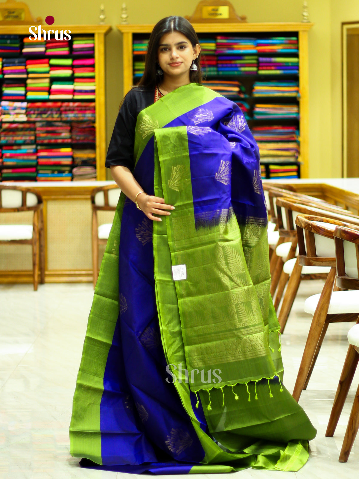 Dark Blue Halfpure Soft Silk Saree with Geometric Buttas | Light Green Contrast Border - Shop on Shrus.com