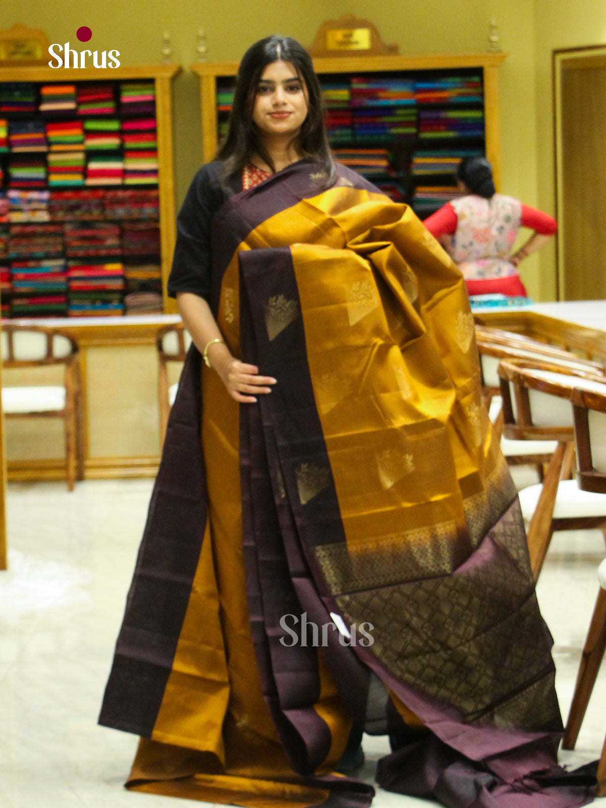 Mustard Halfpure Soft Silk Saree with Triangle Buttas | Dark Brown Contrast Border - Shop on Shrus.com