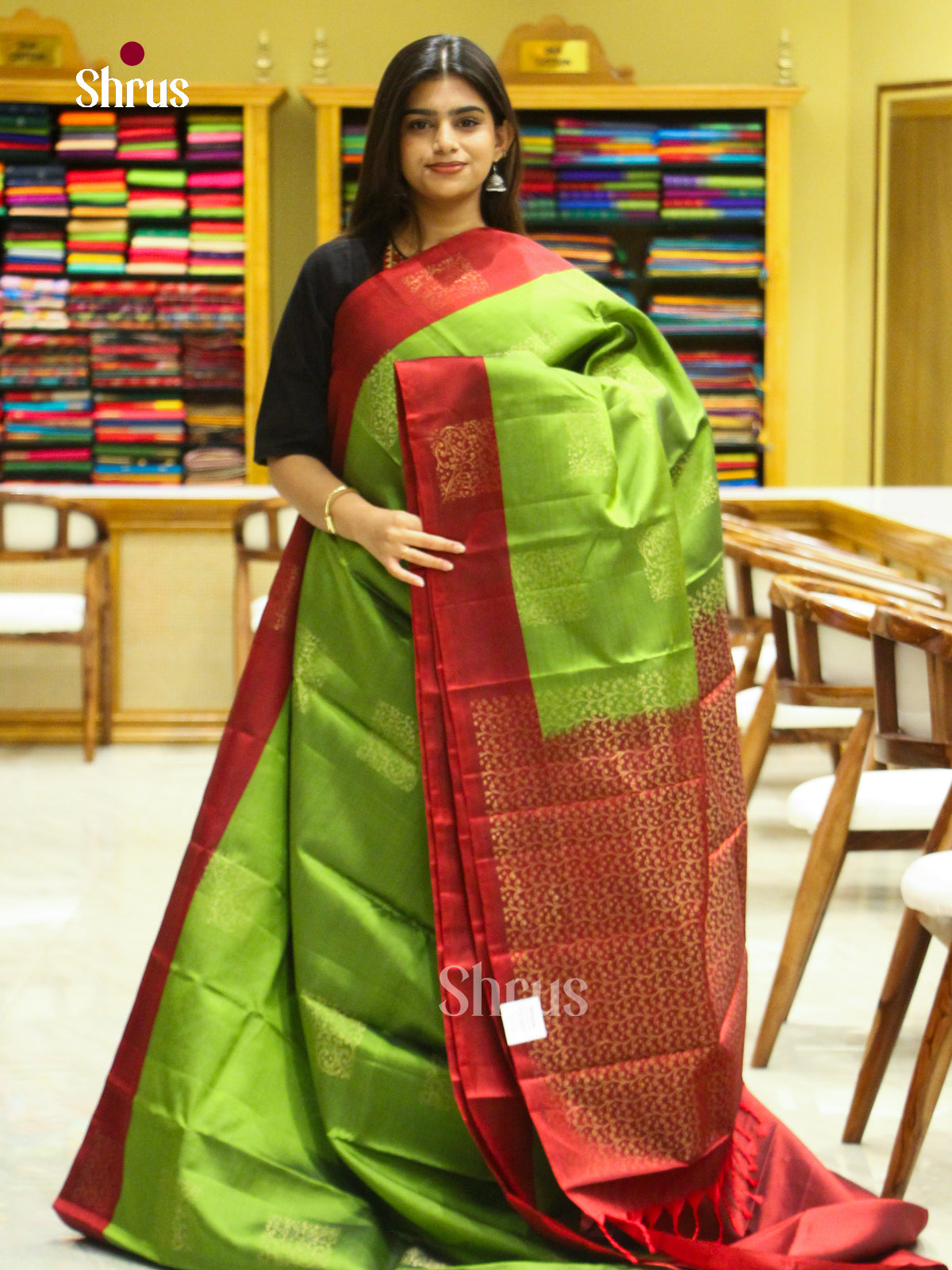 Parrot Green Halfpure Soft Silk Saree with Square Buttas | Dark Maroon Contrast Border