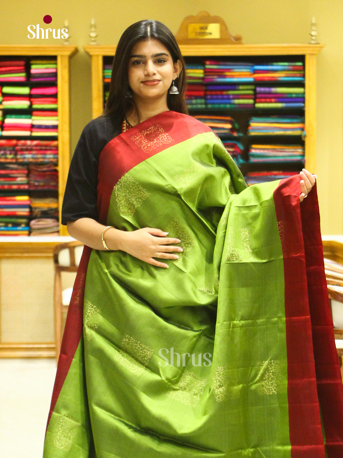 Parrot Green Halfpure Soft Silk Saree with Square Buttas | Dark Maroon Contrast Border