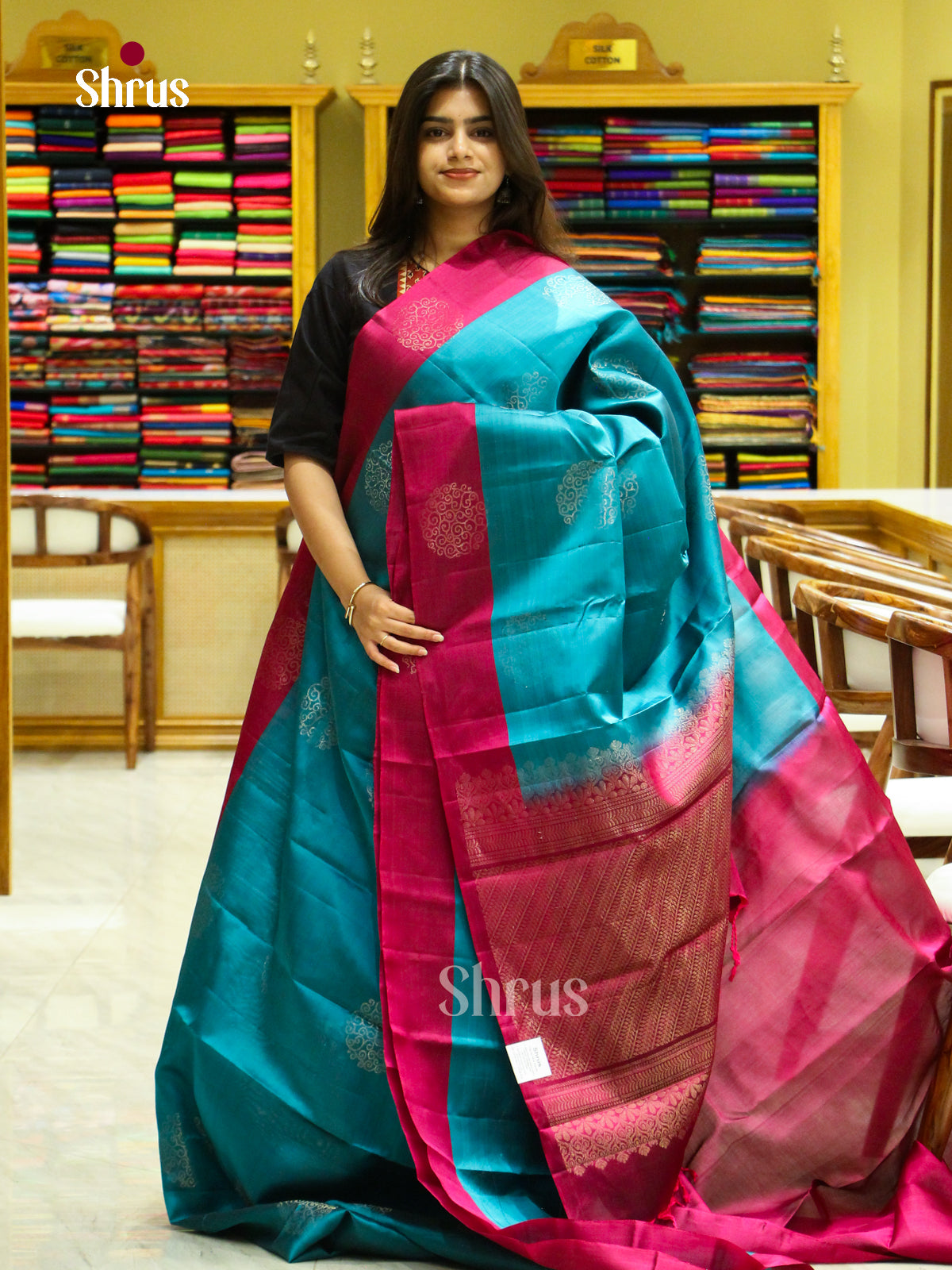 Sea Green Halfpure Soft Silk Saree with Floral Buttas | Magenta Contrast Border