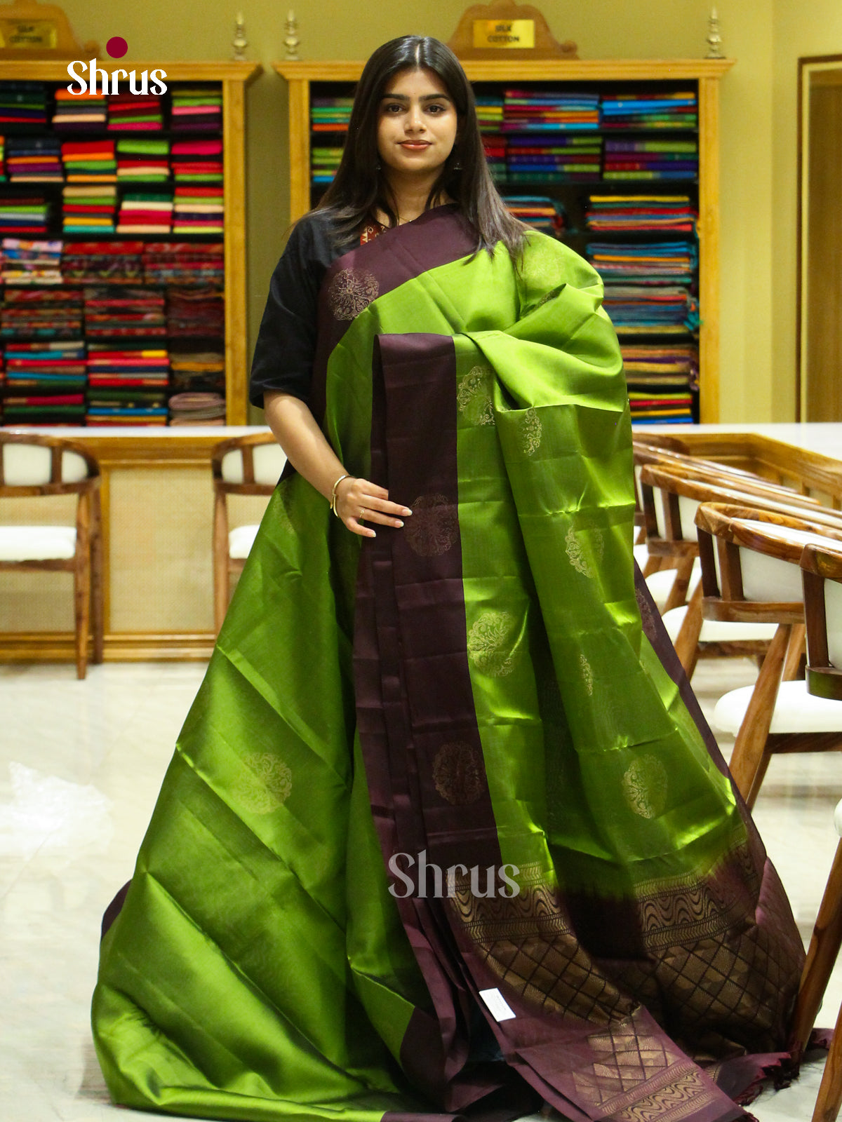 Olive Green Halfpure Soft Silk Saree with Floral Buttas | Dark Brown Contrast Border - Shop on Shrus.com
