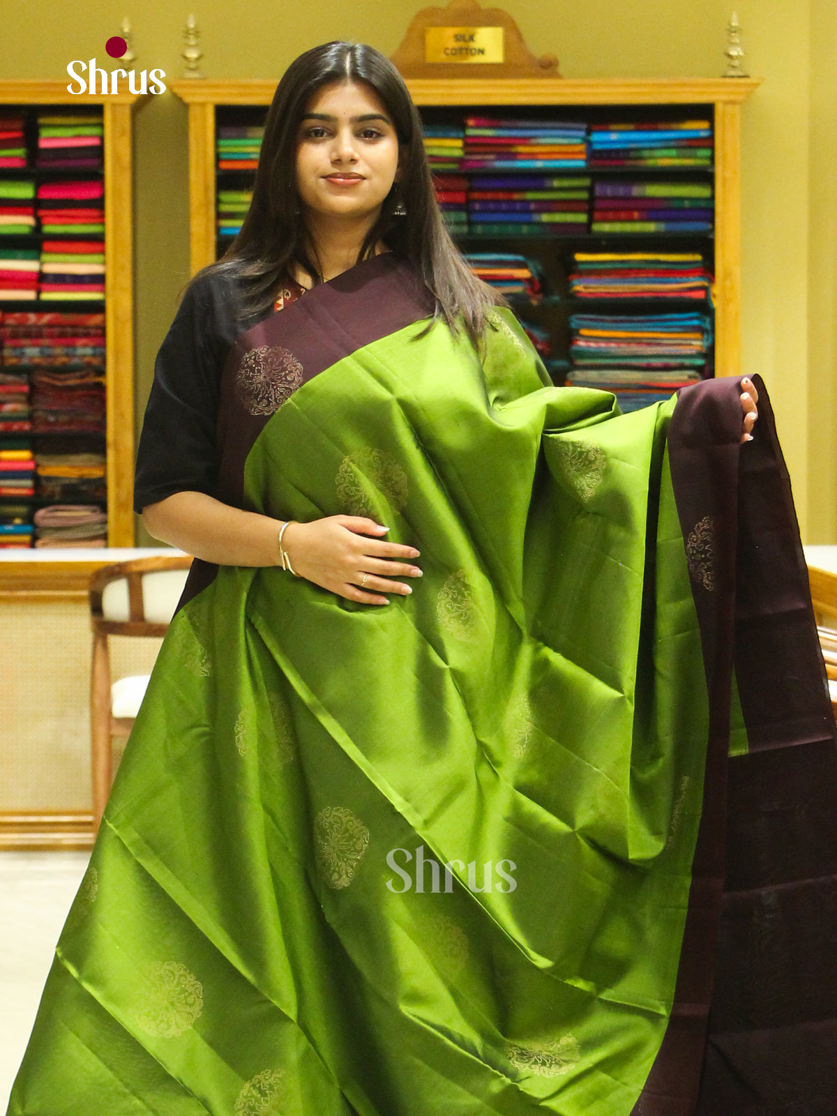Olive Green Halfpure Soft Silk Saree with Floral Buttas | Dark Brown Contrast Border - Shop on Shrus.com