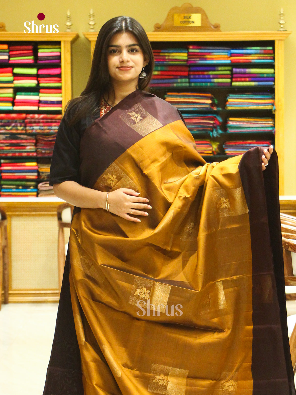 Rust Orange Halfpure Soft Silk Saree with Square Buttas | Dark Brown Contrast Border - Shop on Shrus.com