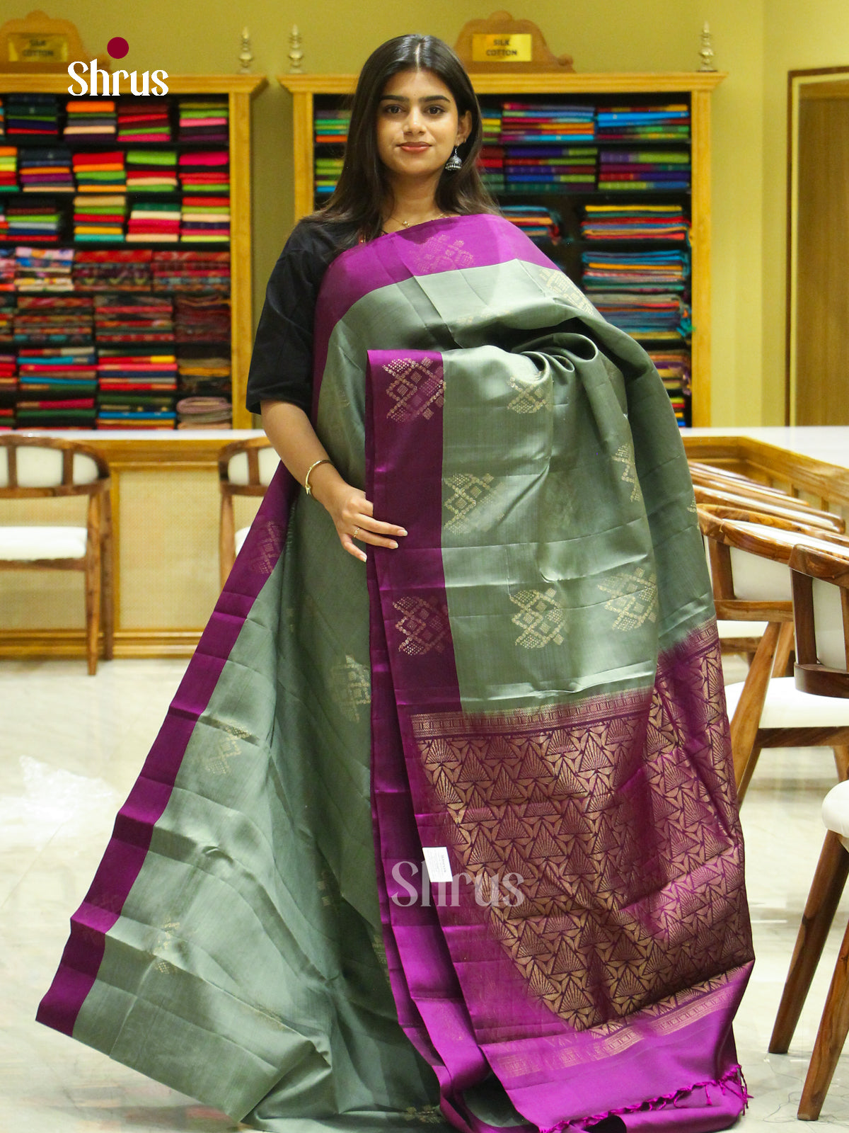 Sea Green Halfpure Soft Silk Saree with Diamond Buttas | Violet Contrast Border