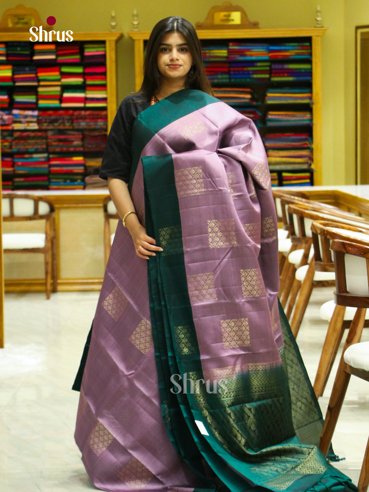 Purple Halfpure Soft Silk Saree with Square Buttas | Dark Green Contrast Border - Shop on Shrus.com