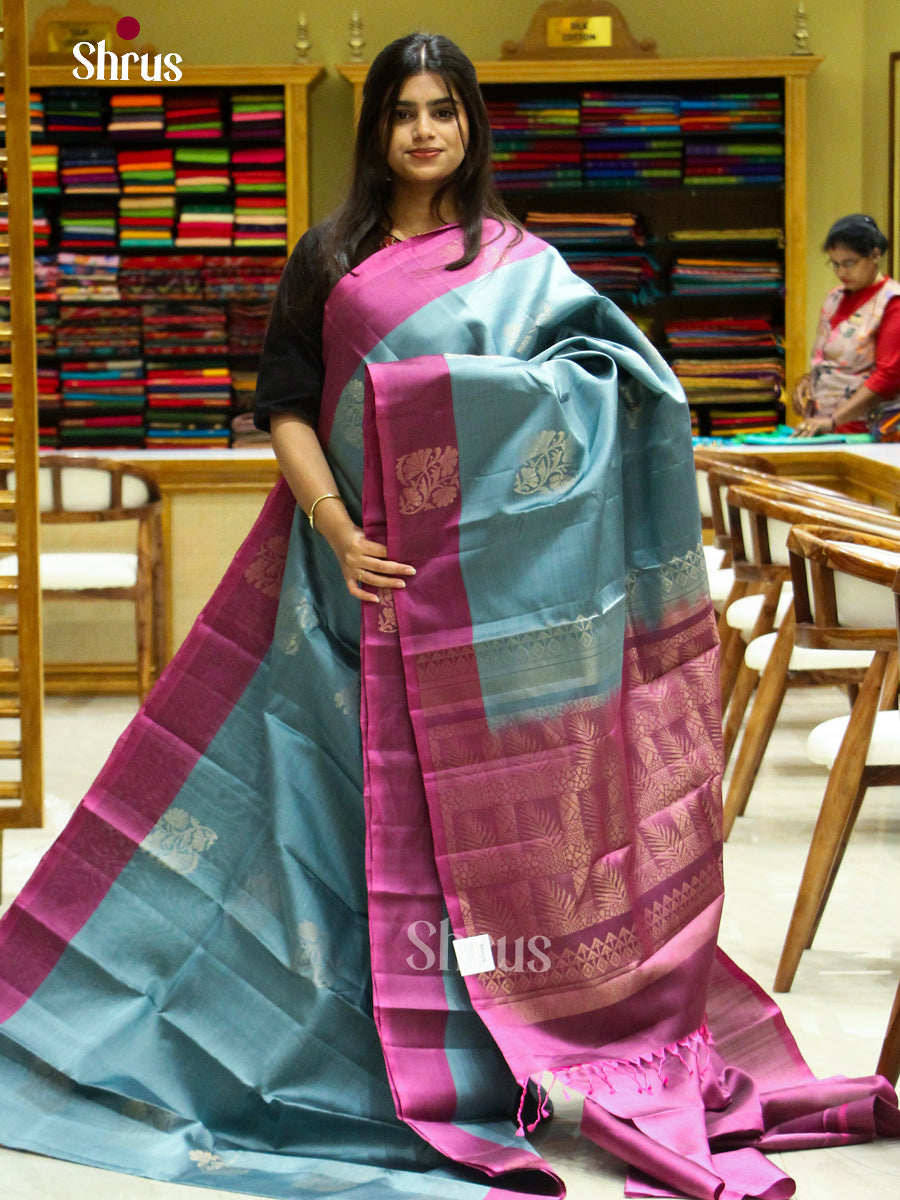 Blue Halfpure Soft Silk Saree with Floral Buttas | Magenta Contrast Border