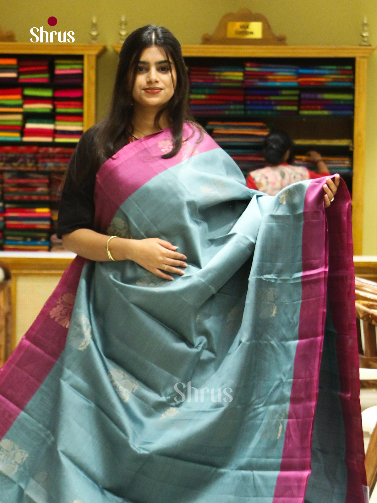 Blue Halfpure Soft Silk Saree with Floral Buttas | Magenta Contrast Border
