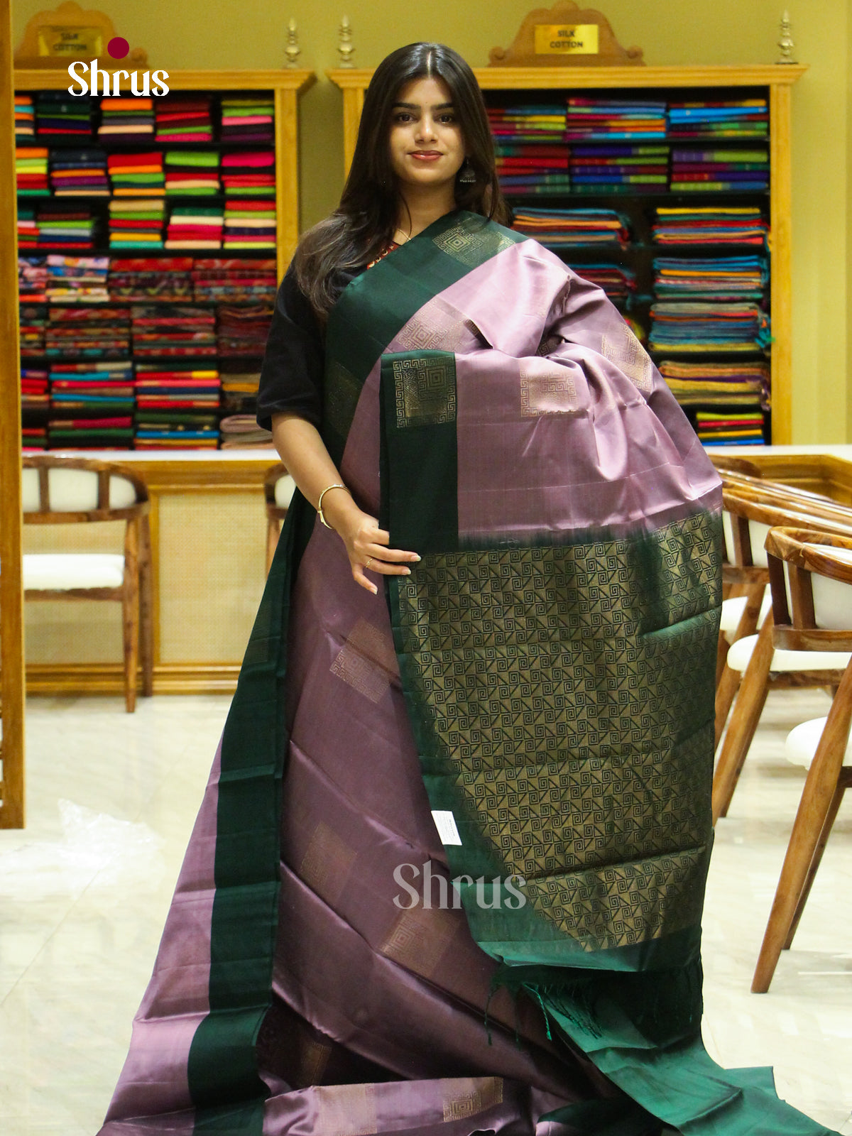 Purple Halfpure Soft Silk Saree with Square Buttas | Dark Green Contrast Border — EFS25056 - Shop on Shrus.com