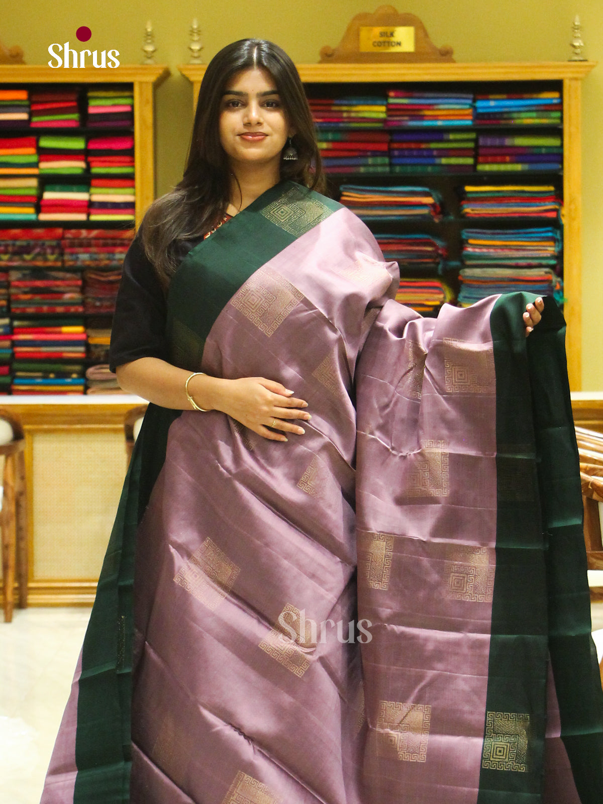 Purple Halfpure Soft Silk Saree with Square Buttas | Dark Green Contrast Border — EFS25056 - Shop on Shrus.com