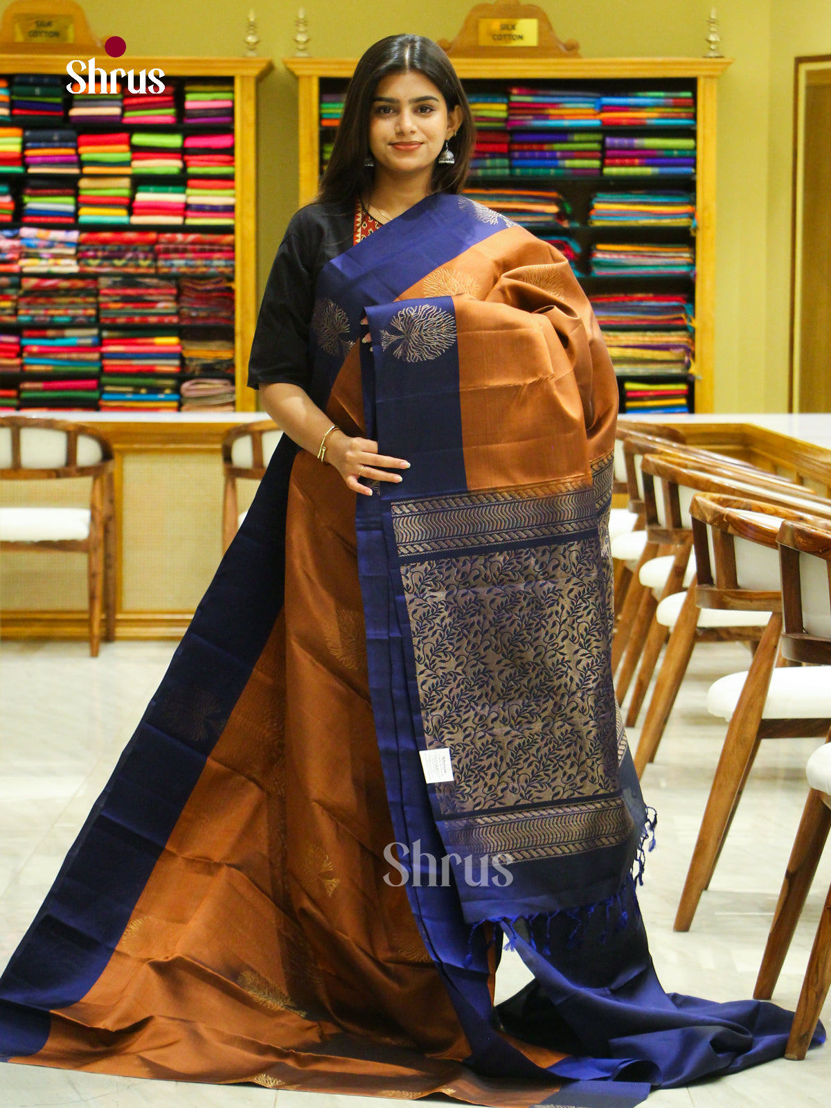 Rust Orange Halfpure Soft Silk Saree with Tree Buttas | Navy Blue Contrast Border - Shop on Shrus.com