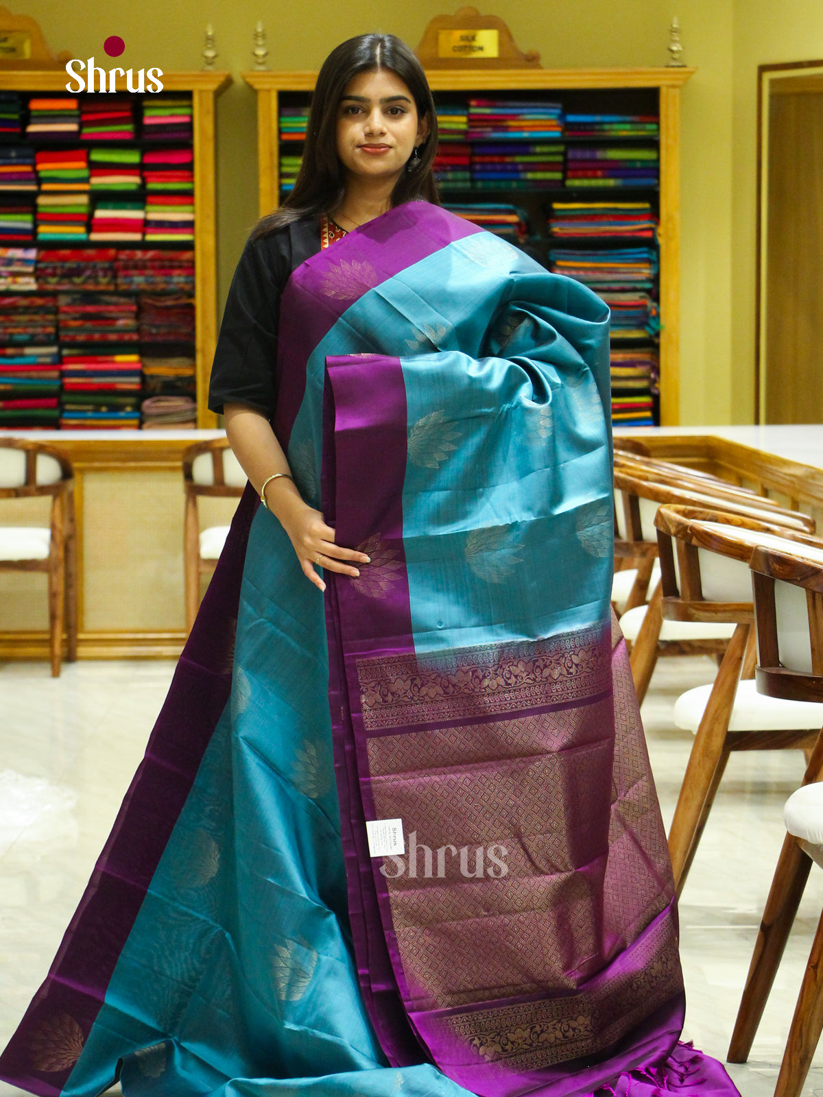 Teal Blue Halfpure Soft Silk Saree with Leaf Buttas | Violet Contrast Border