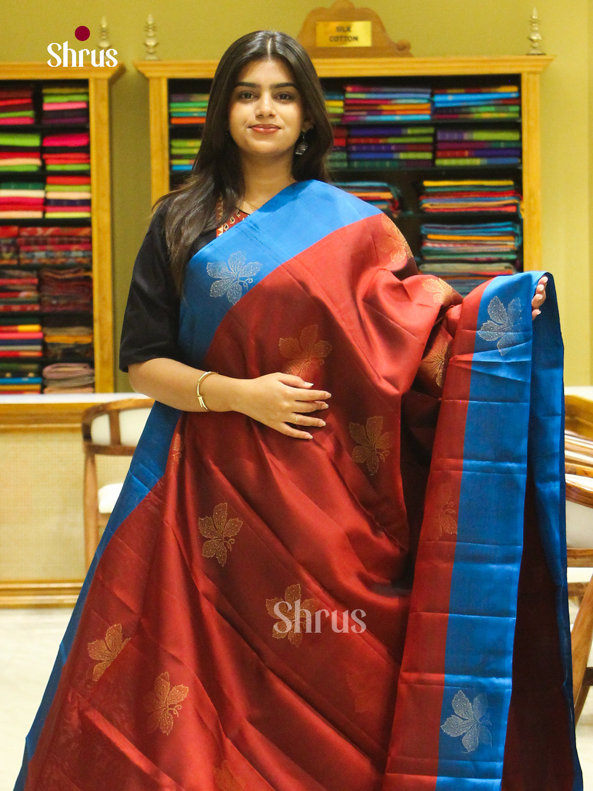 Wine Halfpure Soft Silk Saree with Floral Buttas | Peacock Blue Contrast Border - Shop on Shrus.com