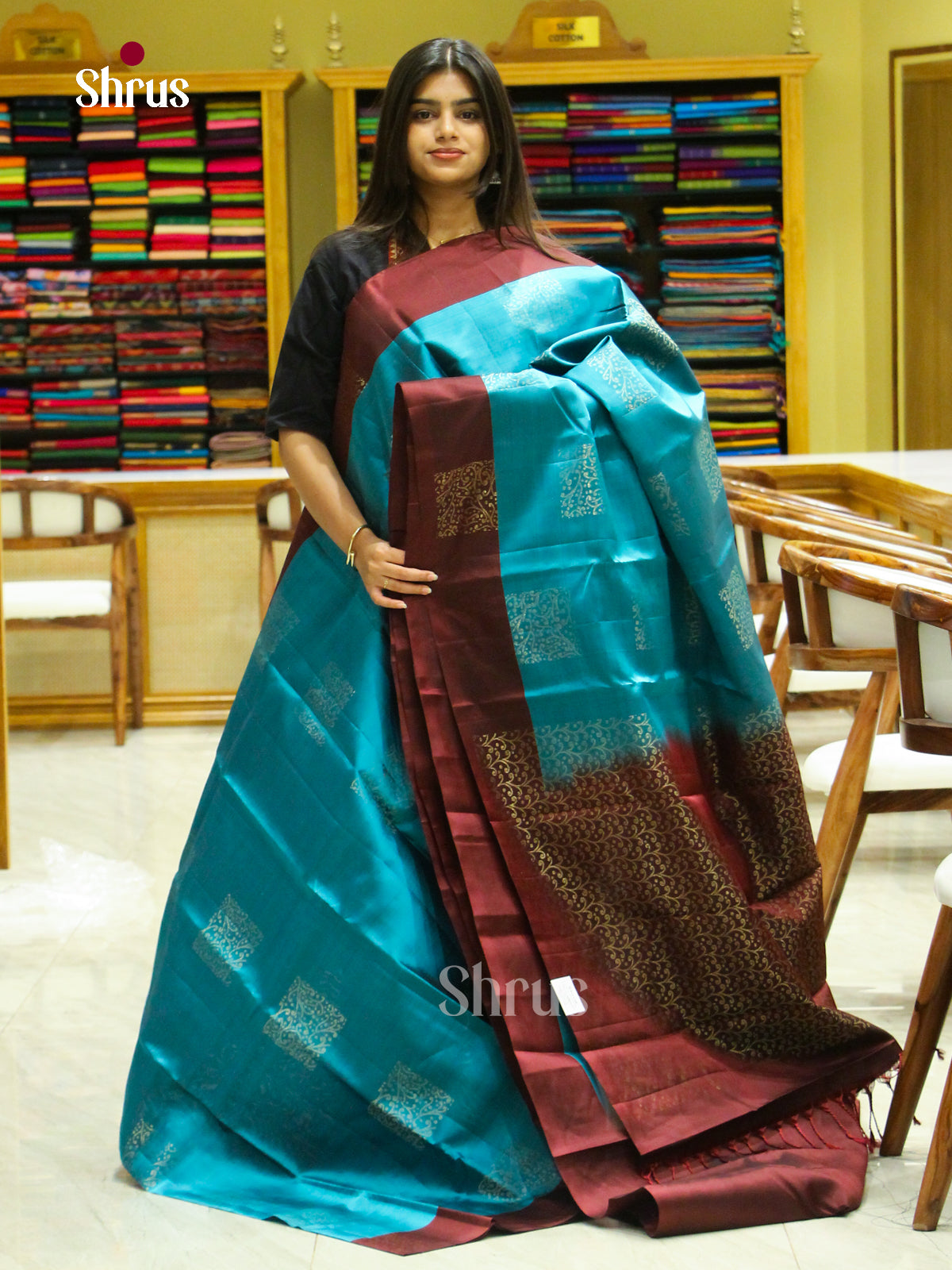 Teal Blue Halfpure Soft Silk Saree with Square Buttas | Dark Brown Contrast Border — EFS25064 - Shop on Shrus.com