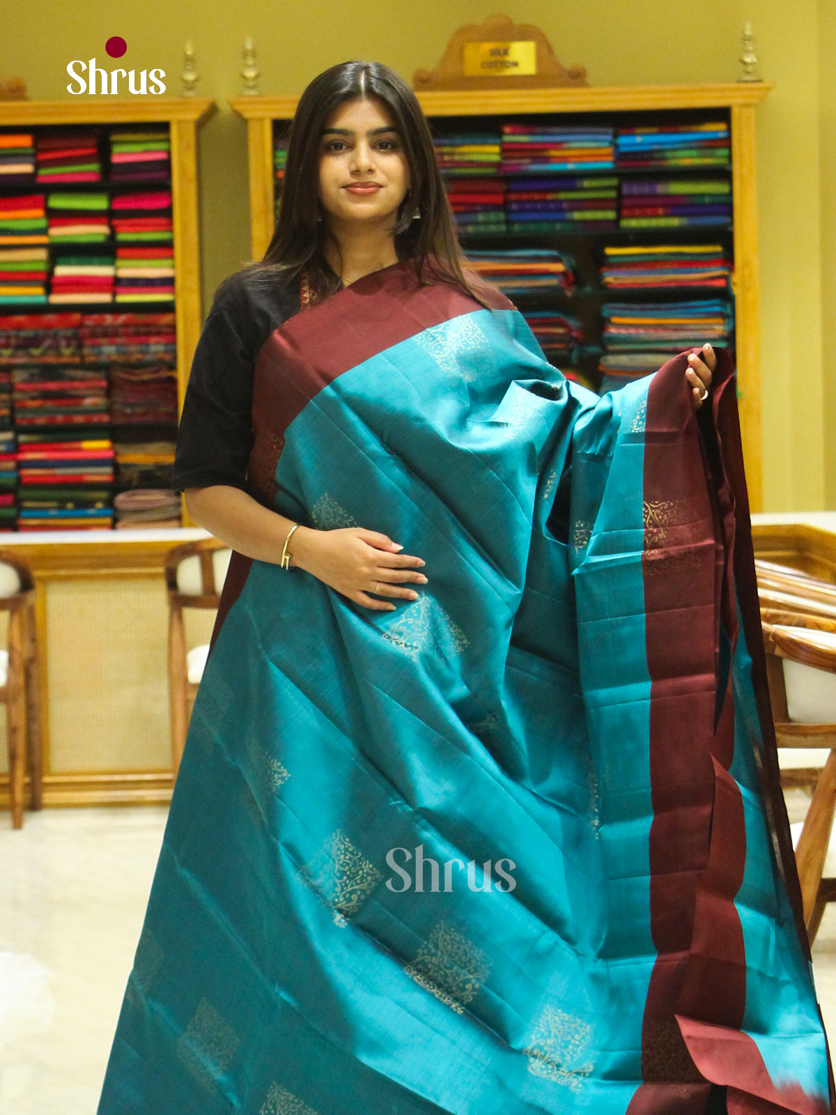 Teal Blue Halfpure Soft Silk Saree with Square Buttas | Dark Brown Contrast Border — EFS25064 - Shop on Shrus.com