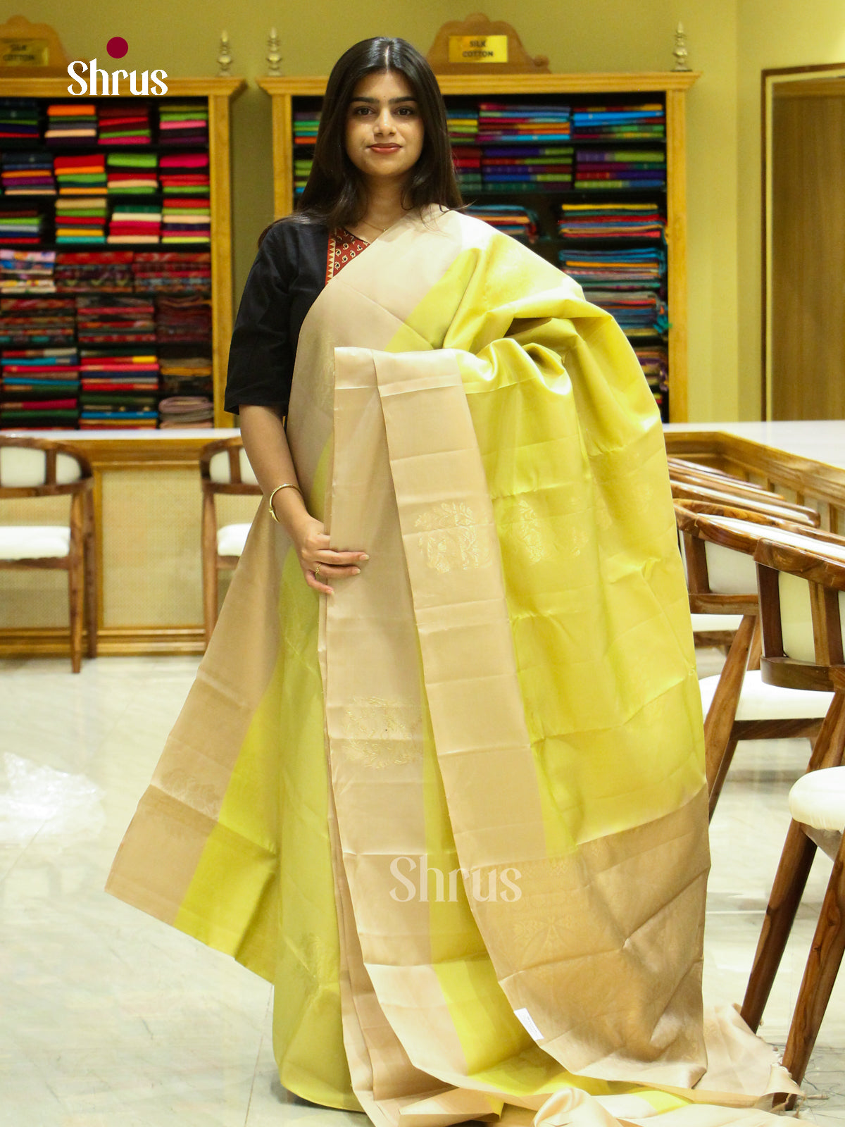 Yellow Soft Silk Saree with Floral Buttas | Beige Contrast Border