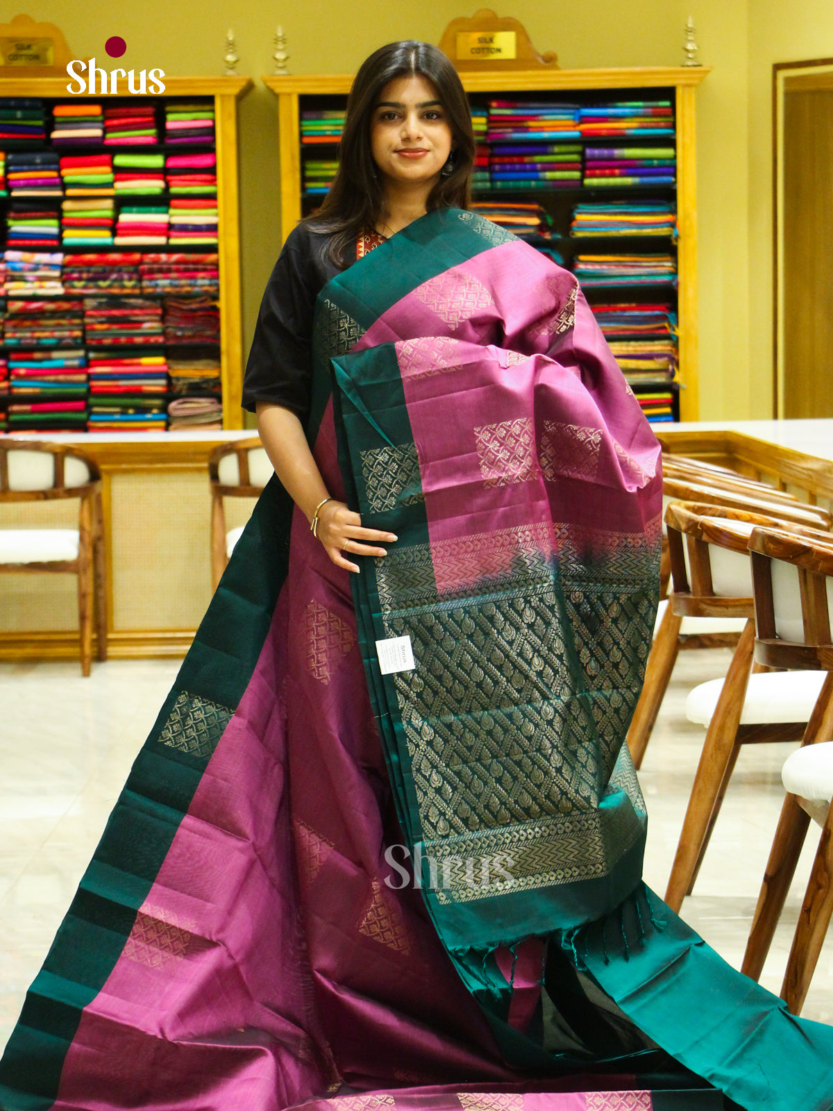 Mauve Halfpure Soft Silk Saree with Square Buttas | Dark Green Contrast Border