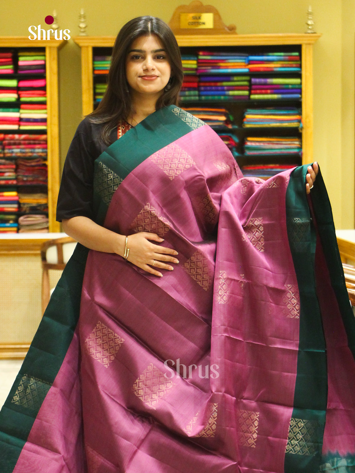 Mauve Halfpure Soft Silk Saree with Square Buttas | Dark Green Contrast Border