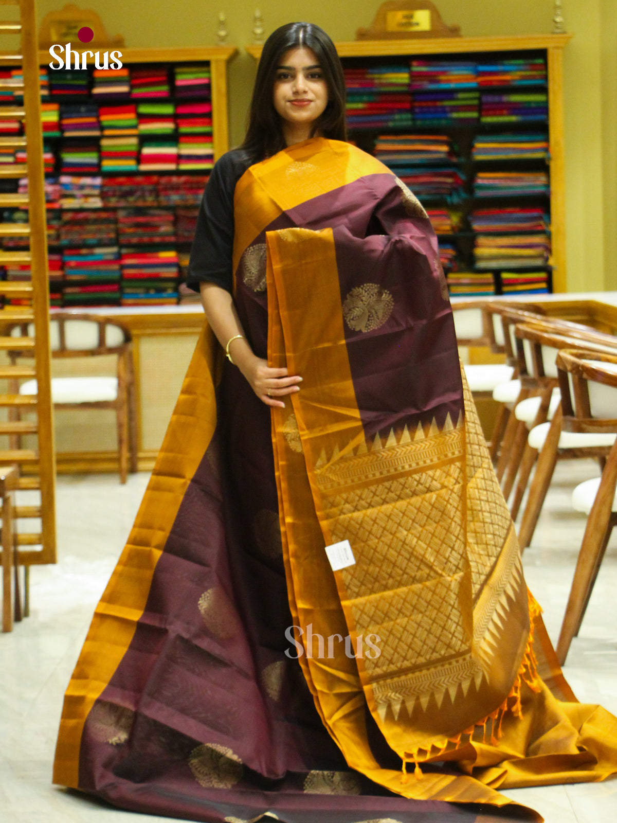 Dark Brown Halfpure Soft Silk Saree with Floral Buttas | Mustard Contrast Border - Shop on Shrus.com