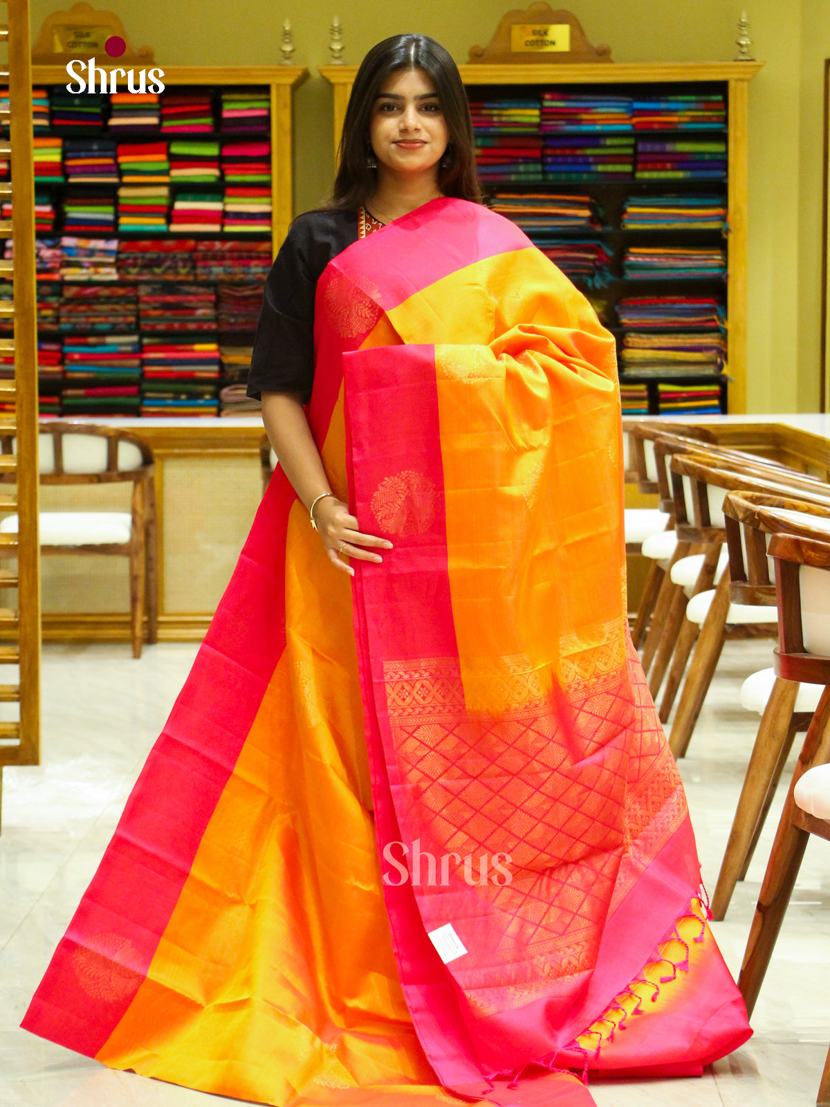 Orange Halfpure Soft Silk Saree with Floral Buttas | Pink Contrast Border — EFS25072 - Shop on Shrus.com