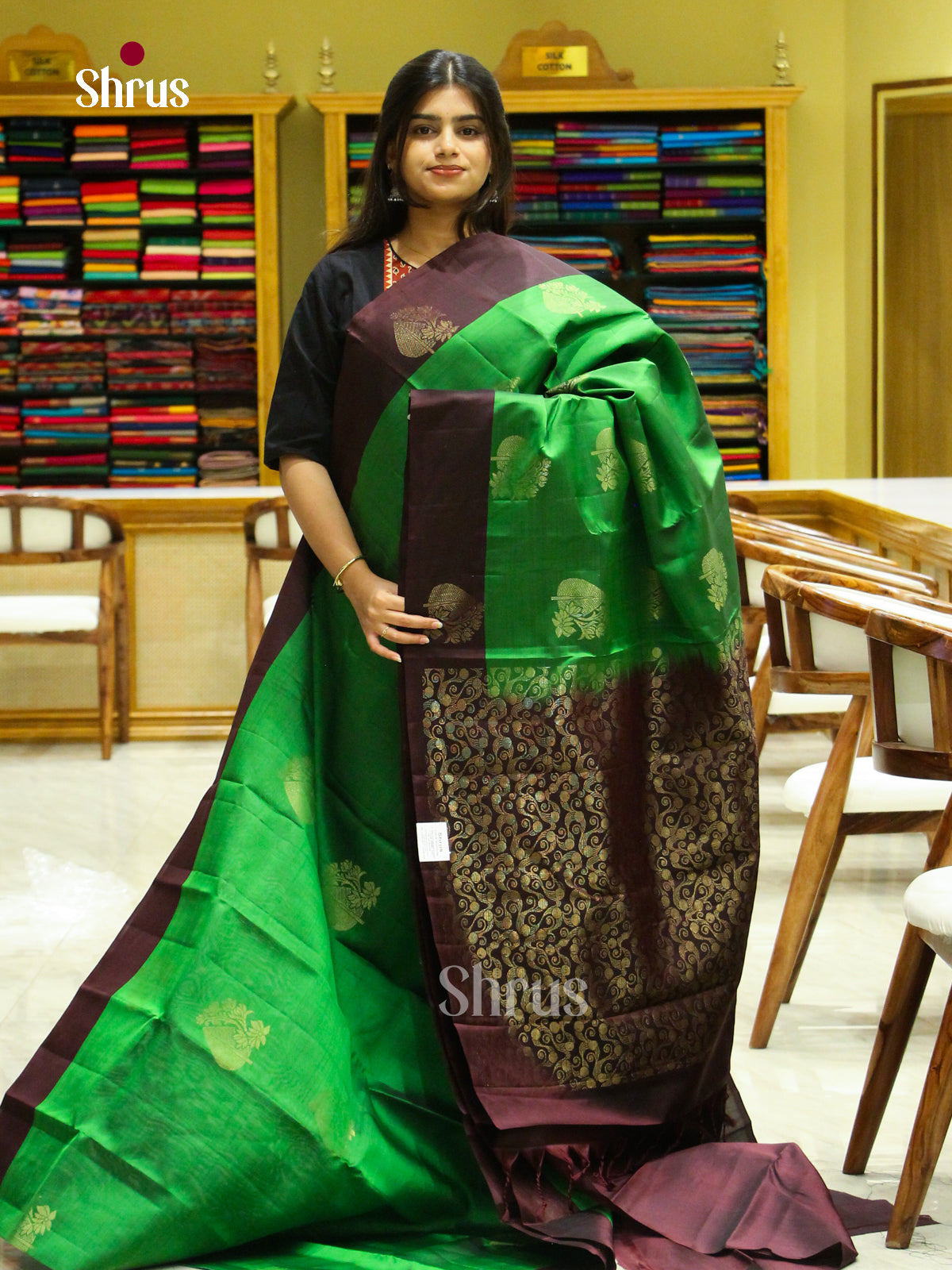 Green Soft Silk Saree with Floral Buttas | Maroon Contrast Border - Shop on Shrus.com