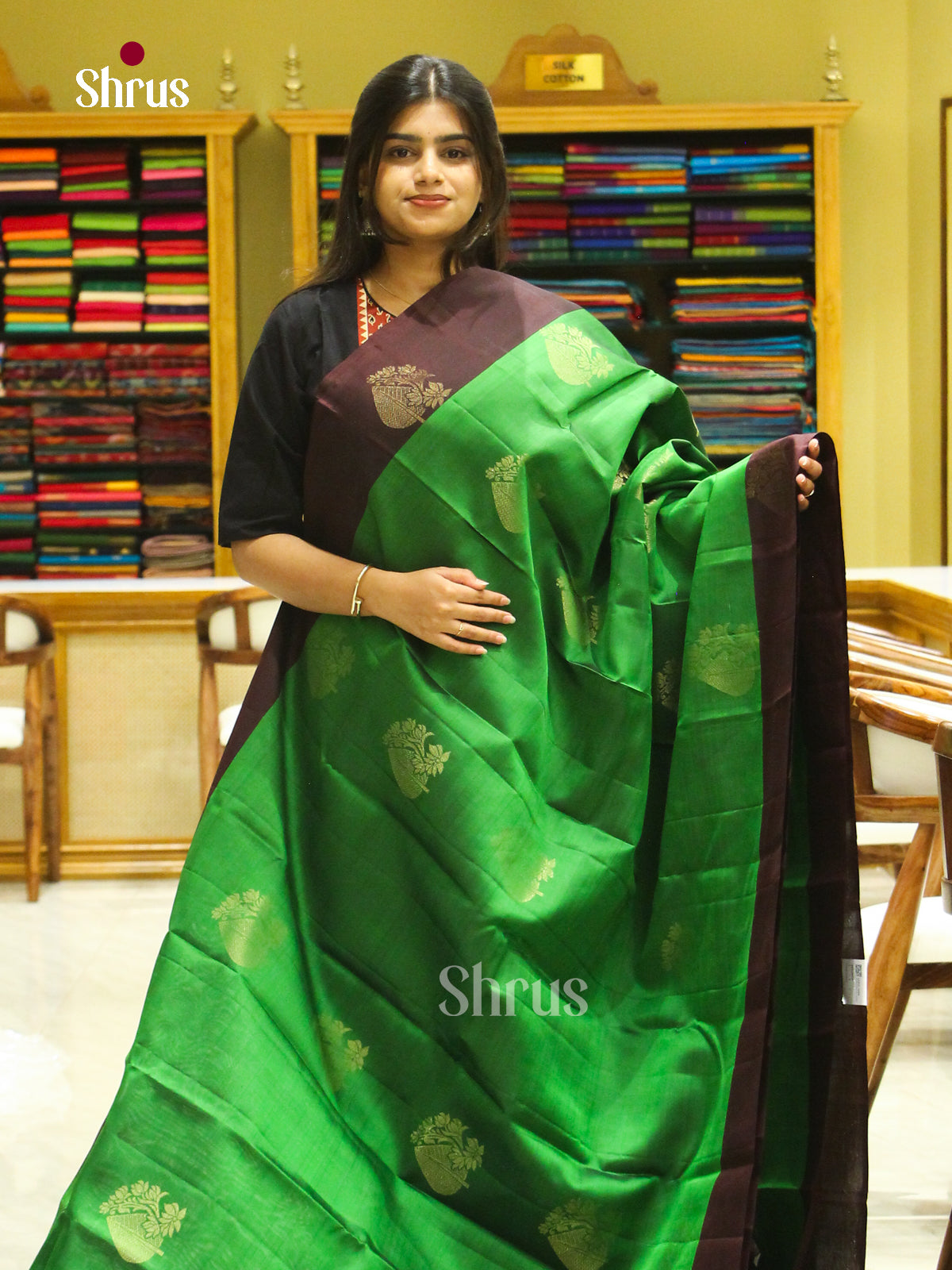 Green Soft Silk Saree with Floral Buttas | Maroon Contrast Border - Shop on Shrus.com