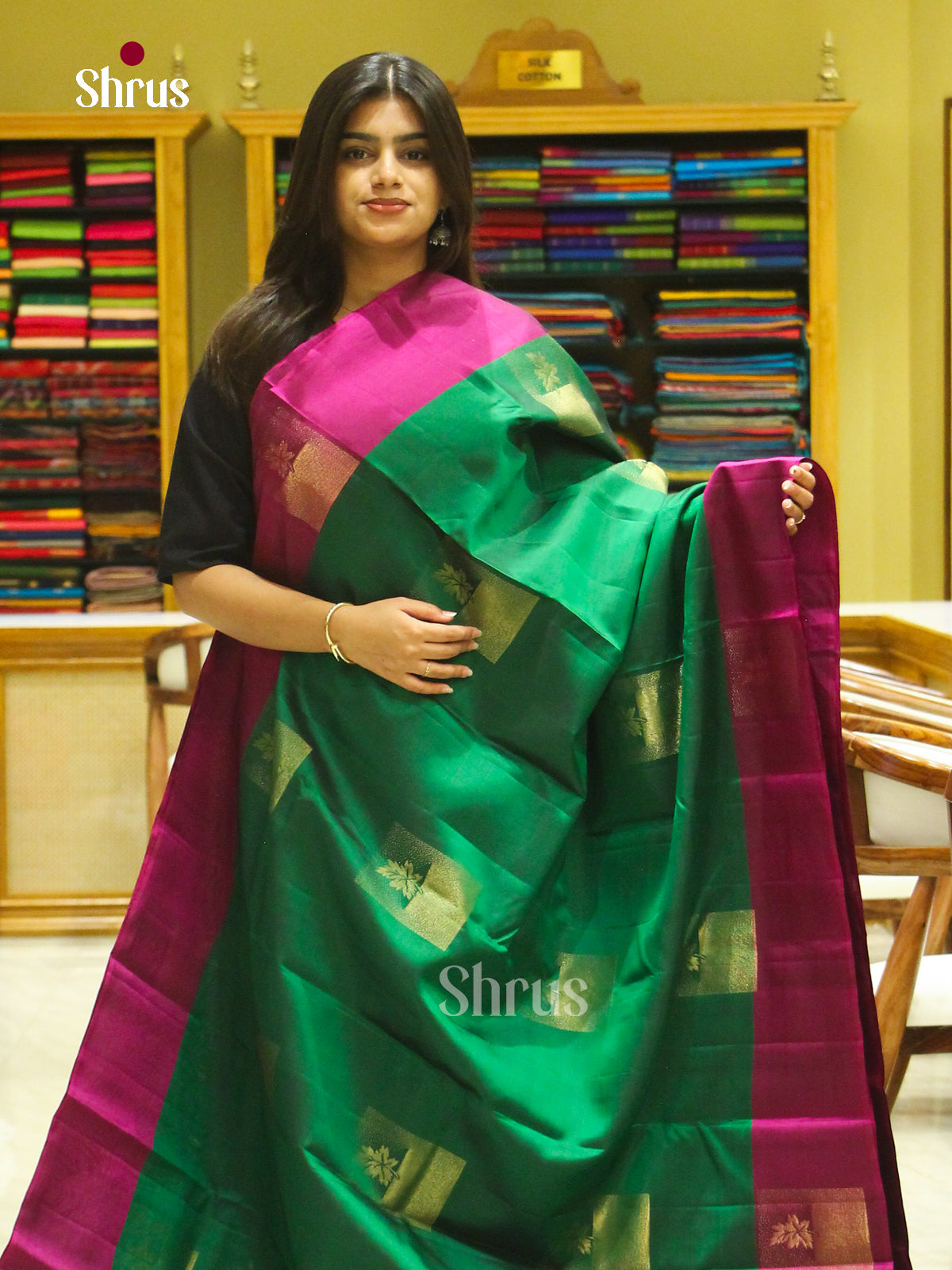 Dark Green Halfpure Soft Silk Saree with Square Buttas | Violet Contrast Border