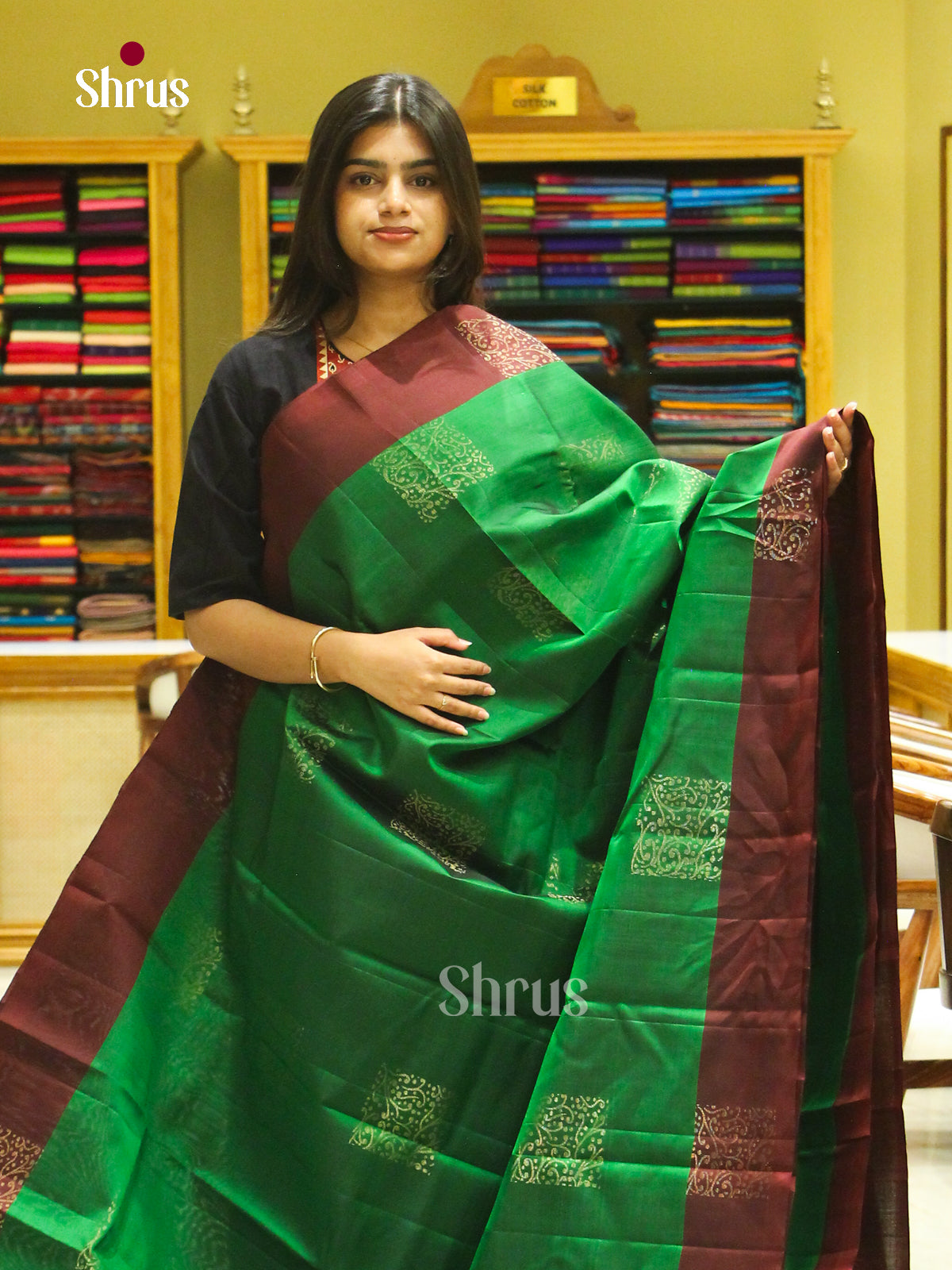 Dark Green Halfpure Soft Silk Saree with Square Buttas | Dark Brown Contrast Border - Shop on Shrus.com