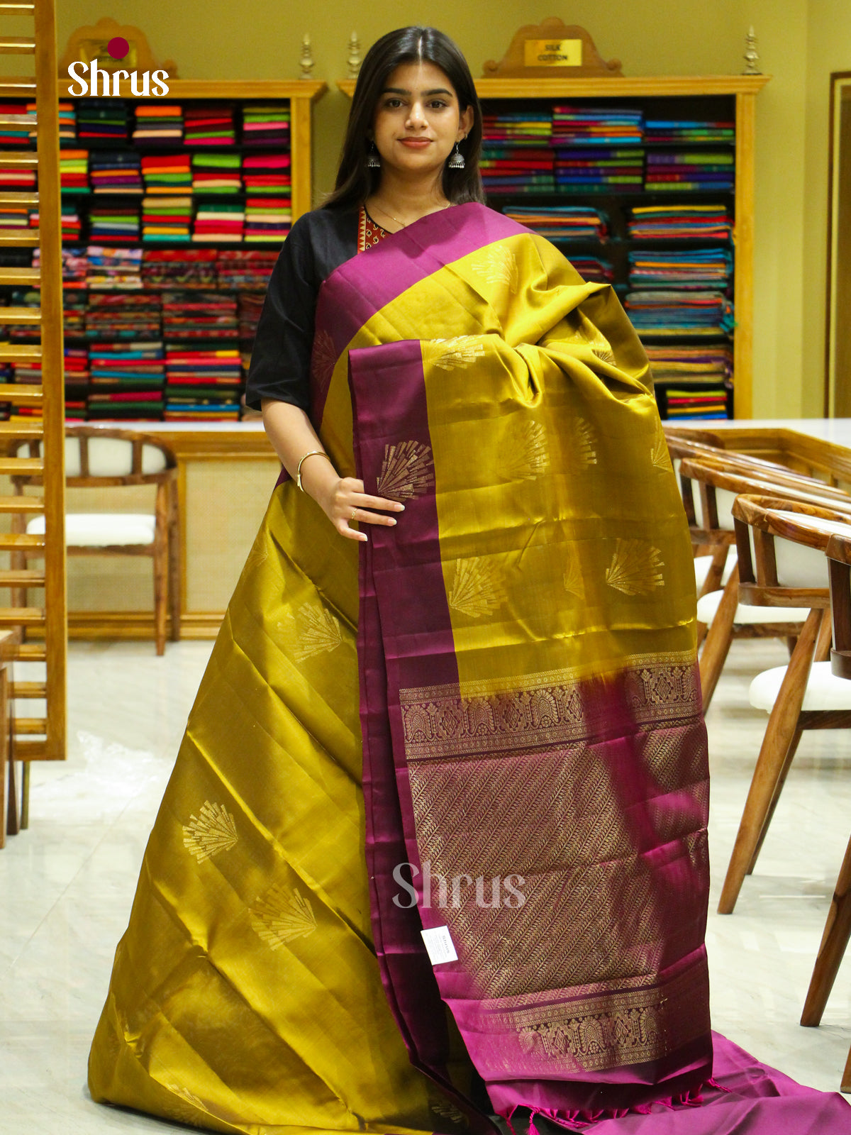 Mustard Halfpure Soft Silk Saree with Square Buttas | Magenta Contrast Border - Shop on Shrus.com