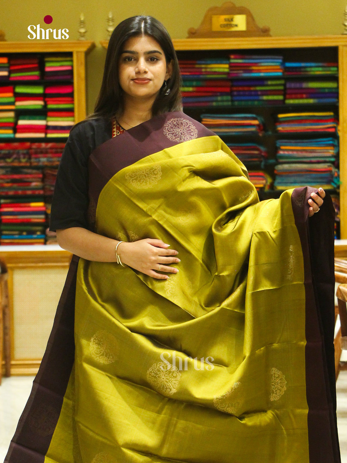 Gold Halfpure Soft Silk Saree with Floral Buttas | Dark Brown Contrast Border - Shop on Shrus.com