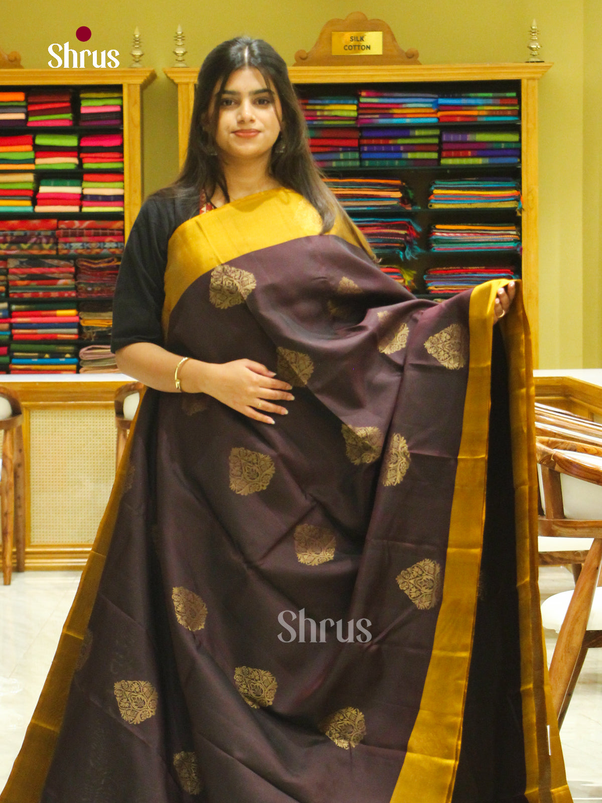 Dark Brown Halfpure Soft Silk Saree with Thilagam Buttas | Mustard Contrast Border