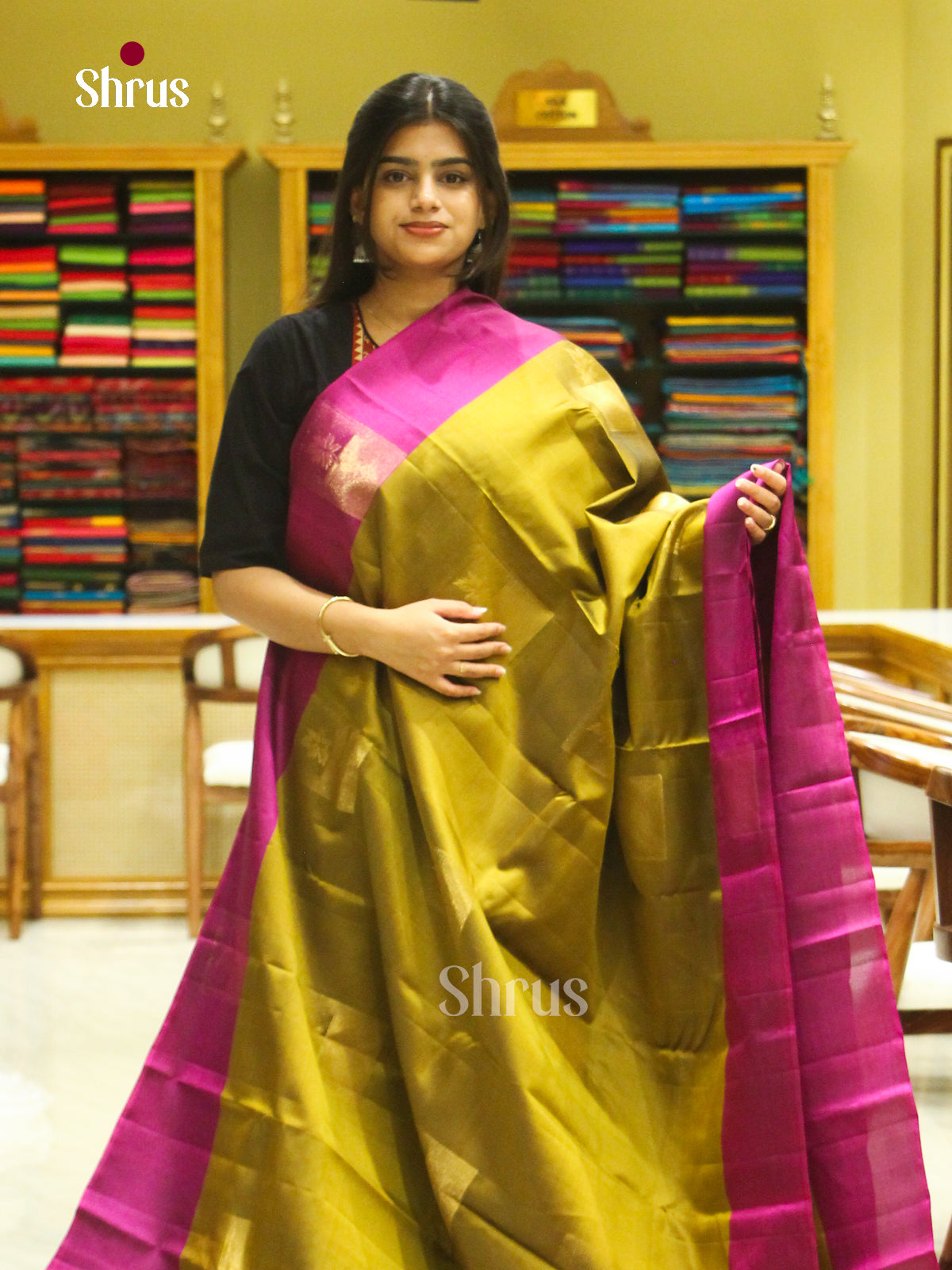 Gold Soft Silk Saree with Square Buttas | Magenta Contrast Border