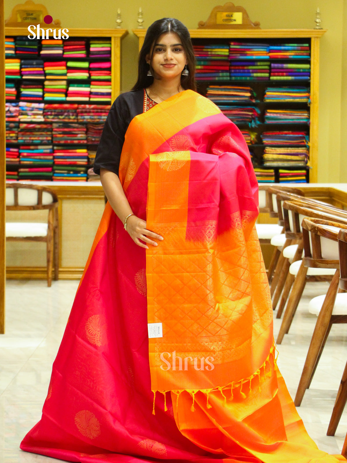 Pink Halfpure Soft Silk Saree with Floral Buttas | Orange Contrast Border