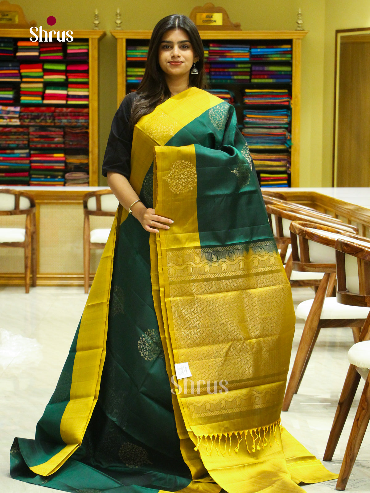 Dark Green Soft Silk Saree with Tree Buttas | Mustard Contrast Border