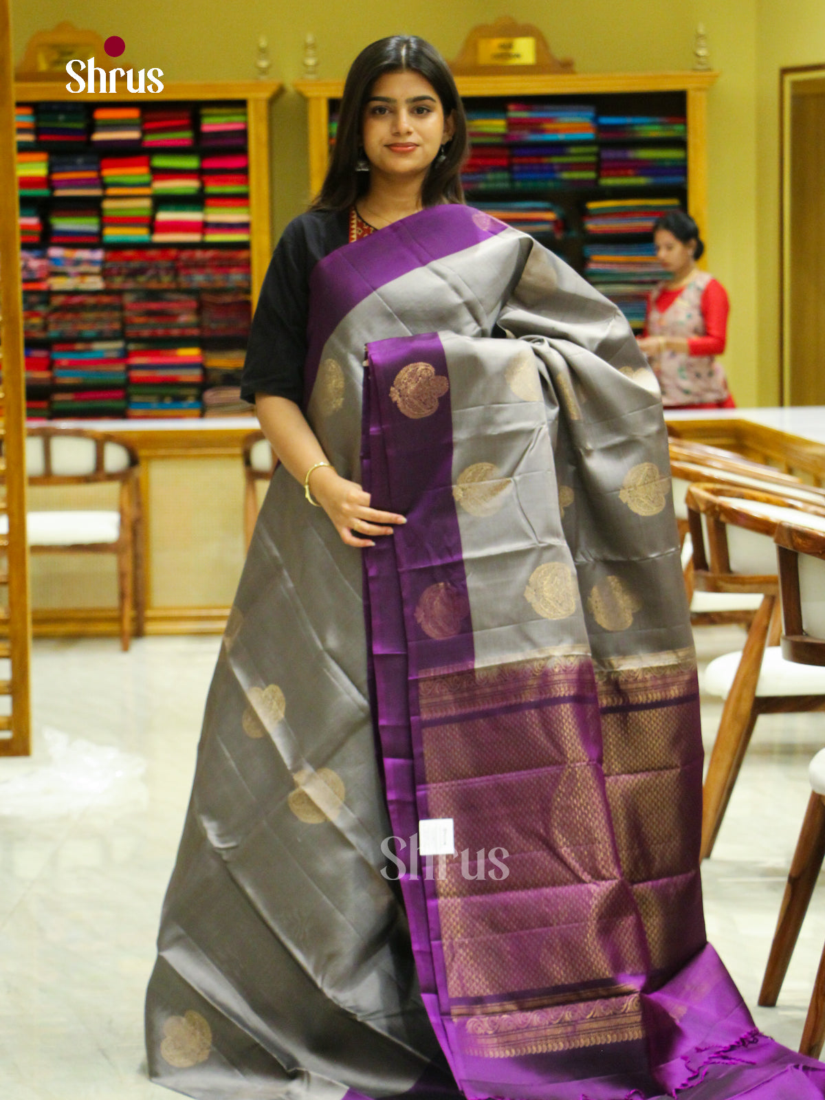 Silver Grey Halfpure Soft Silk Saree with Leaf Buttas | Violet Contrast Border