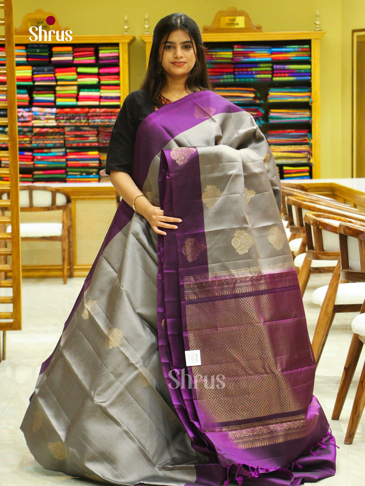 Grey Halfpure Soft Silk Saree with Floral Buttas | Violet Contrast Border