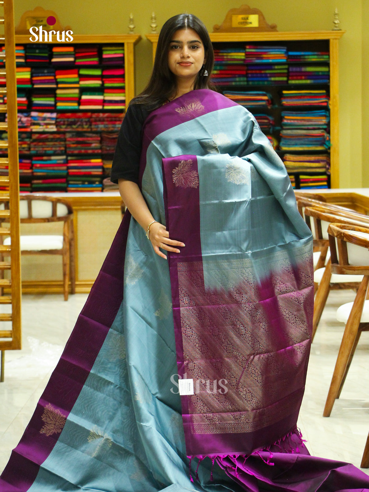 Blue Halfpure Soft Silk Saree with Floral Buttas | Violet Contrast Border - Shop on Shrus.com
