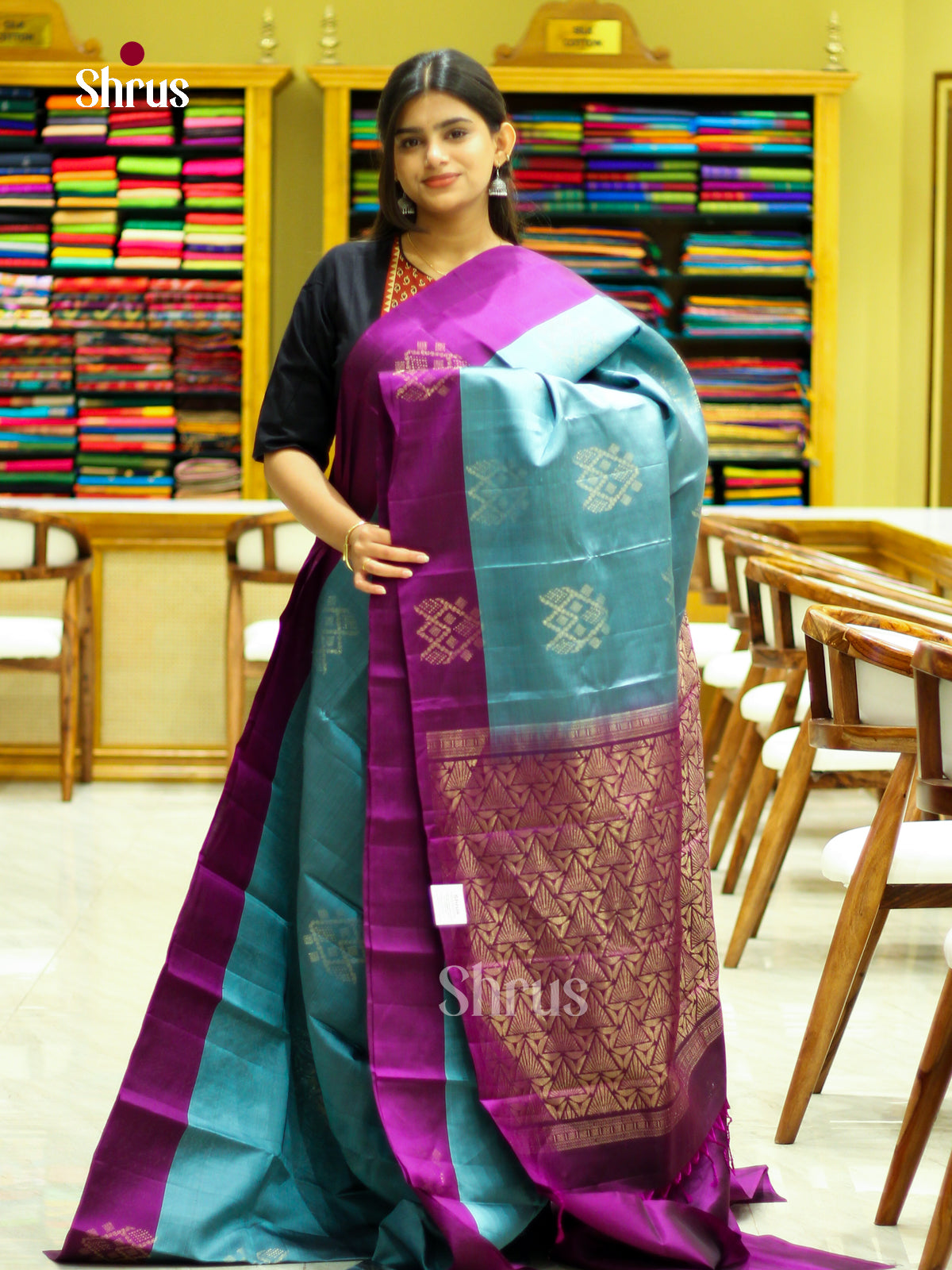 Blue Halfpure Soft Silk Saree with Diamond Buttas | Violet Contrast Border - Shop on Shrus.com