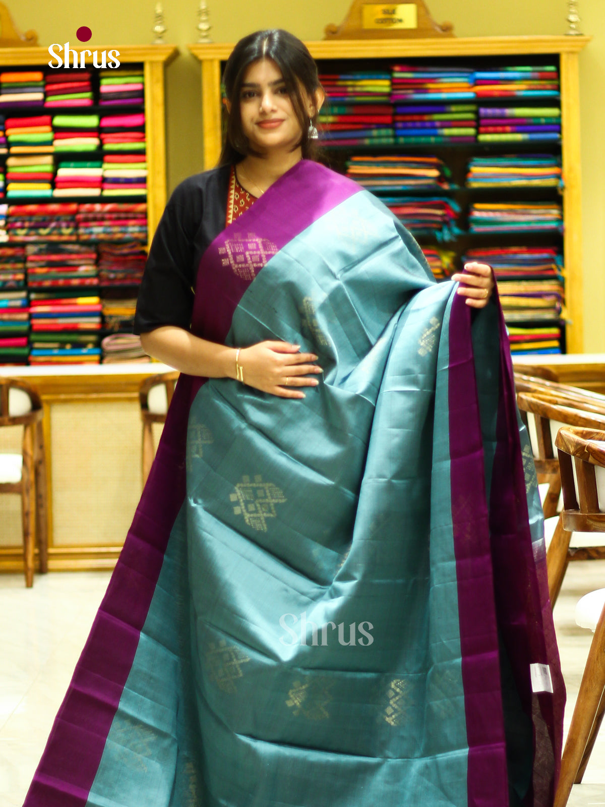 Blue Halfpure Soft Silk Saree with Diamond Buttas | Violet Contrast Border - Shop on Shrus.com